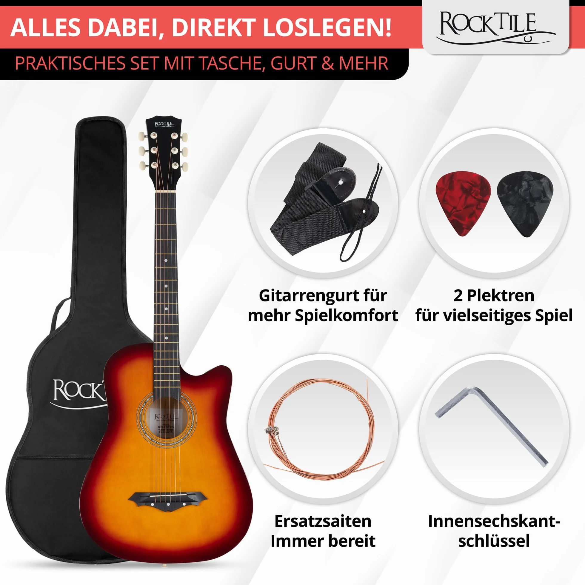 Rocktile WSD-5C-SB Slim Line Westerngitarre Set – Dreadnought Akustikgitarre mit Linde-Korpus, Catalpa-Hals, inkl. Tasche, Ersatzsaiten, Gurt & Plektren – Sunburst.