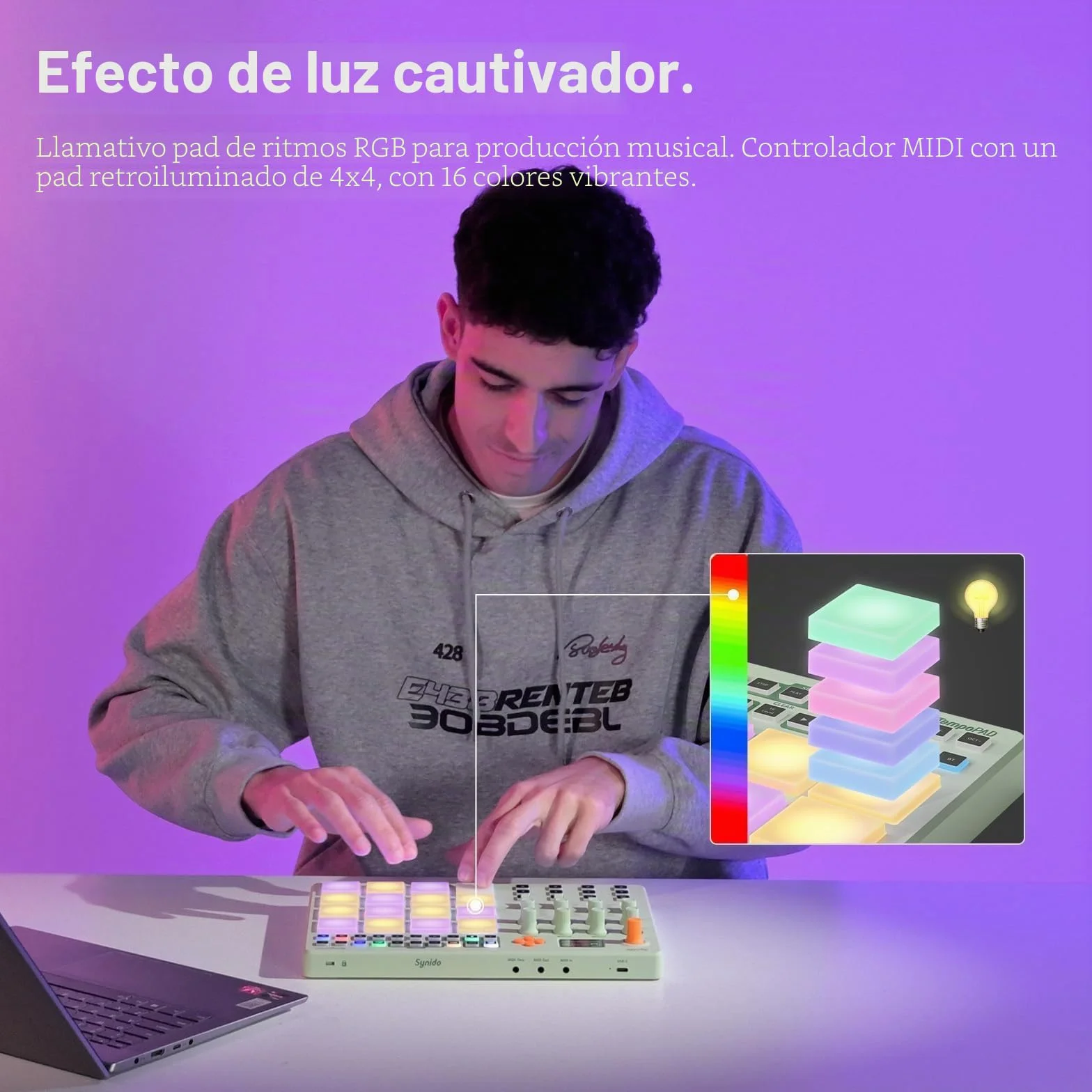 Synido Controlador inalámbrico MIDI Pad, máquina de creación de ritmos recargable por USB para producción musical profesional con 16 RGB Beat Pad, pantalla OLED, secuenciador de 16 pasos, entrada