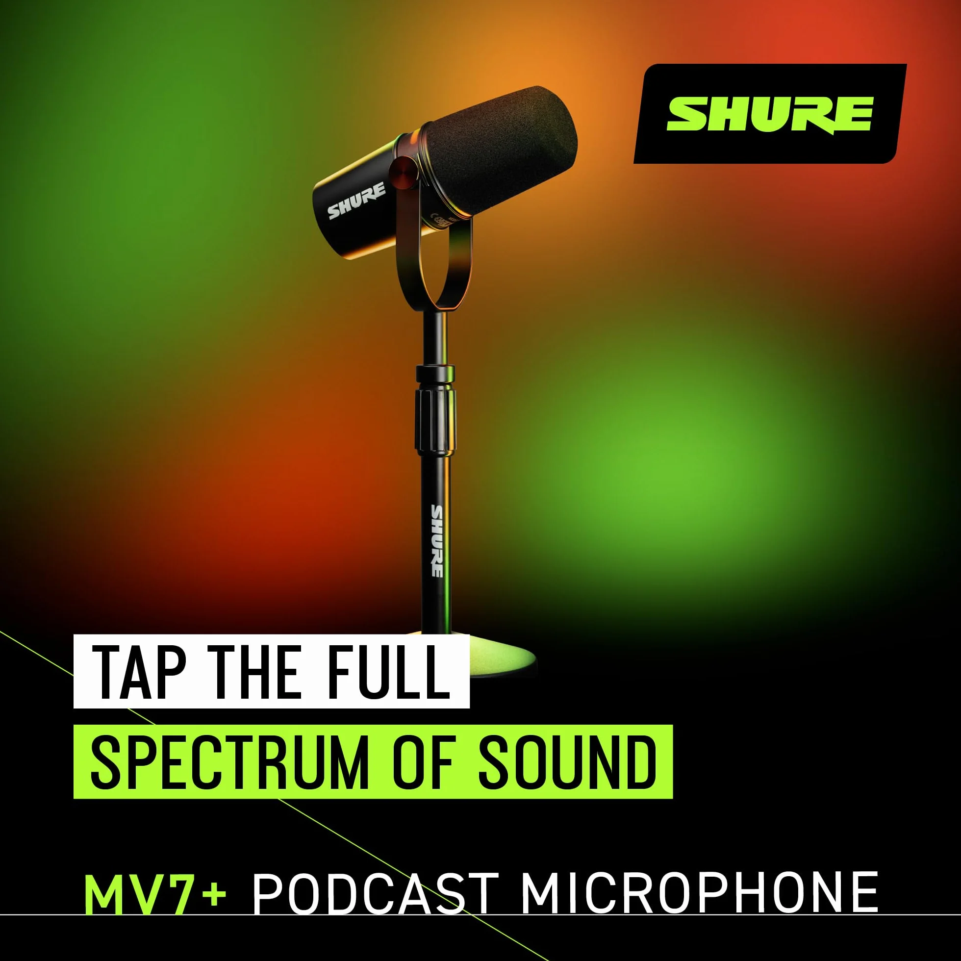 Shure MV7+ Micrófono para Podcast con Soporte de micrófono-Audio Mejorado, Panel táctil LED, Salidas USB-C y XLR, Modo de nivelación automática, Filtro Pop Digital, Efectos de reverberación - Negro