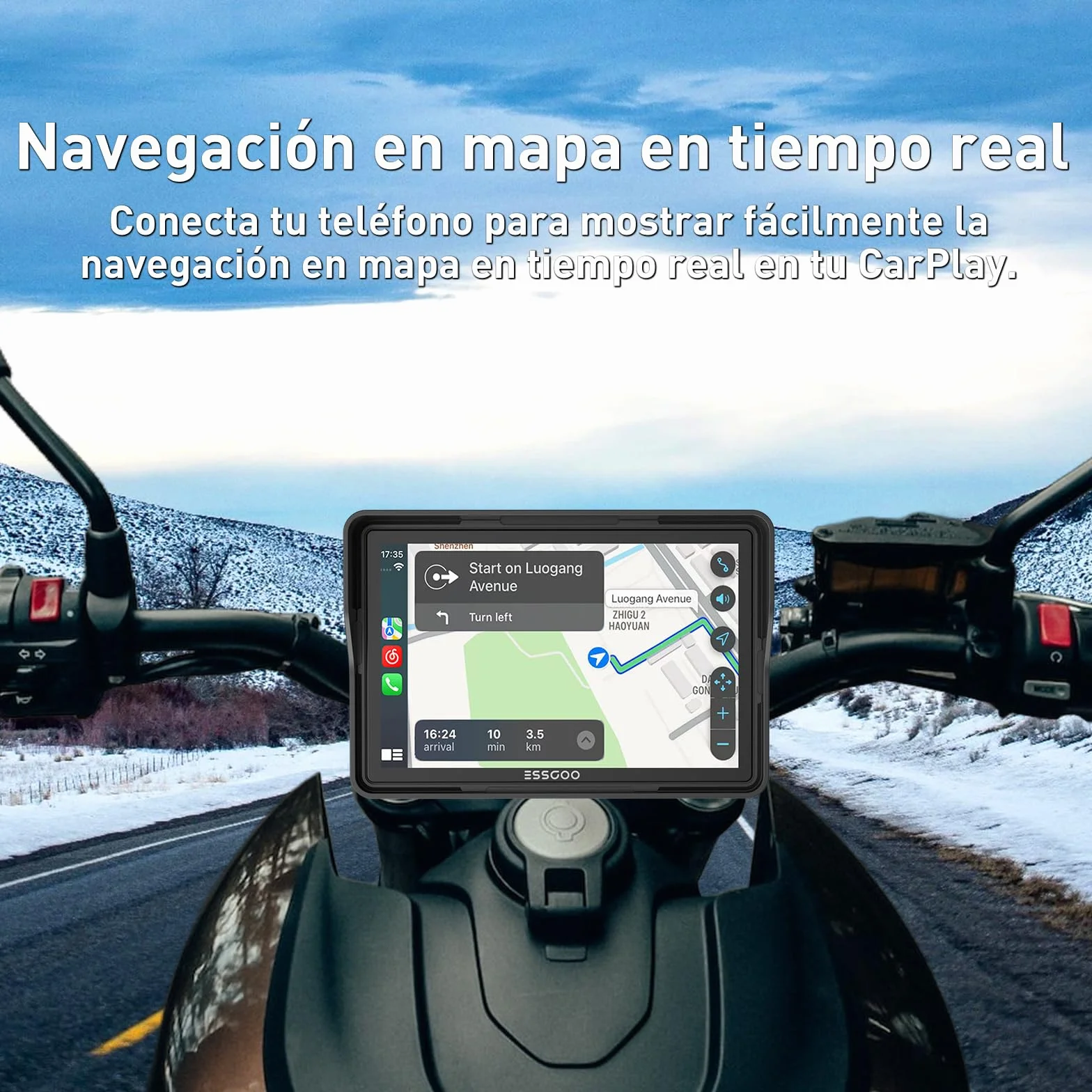 ESSGOO CarPlay para la mayoría de Las Motocicletas, con Soporte en U, inalámbrico CarPlay/Android Auto, Pantalla de 5" Impermeable, Audio Bluetooth, navegación GPS, Siri/G-oogle Asistente