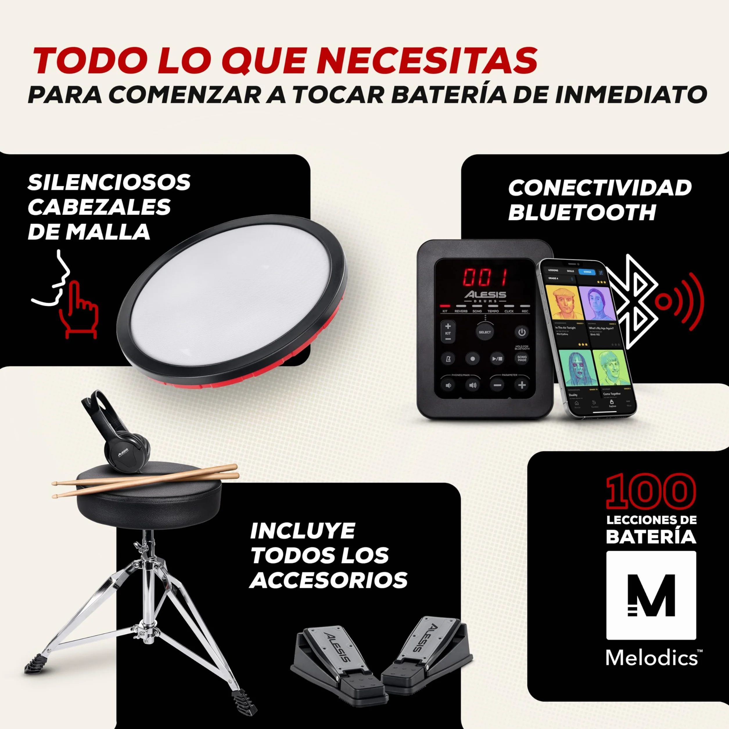 Alesis Turbo Max Set de Batería Eléctronica con Parches de Malla Silenciosos de 8 Pulgadas, Lecciones de Percusión, Bluetooth y Accesorios