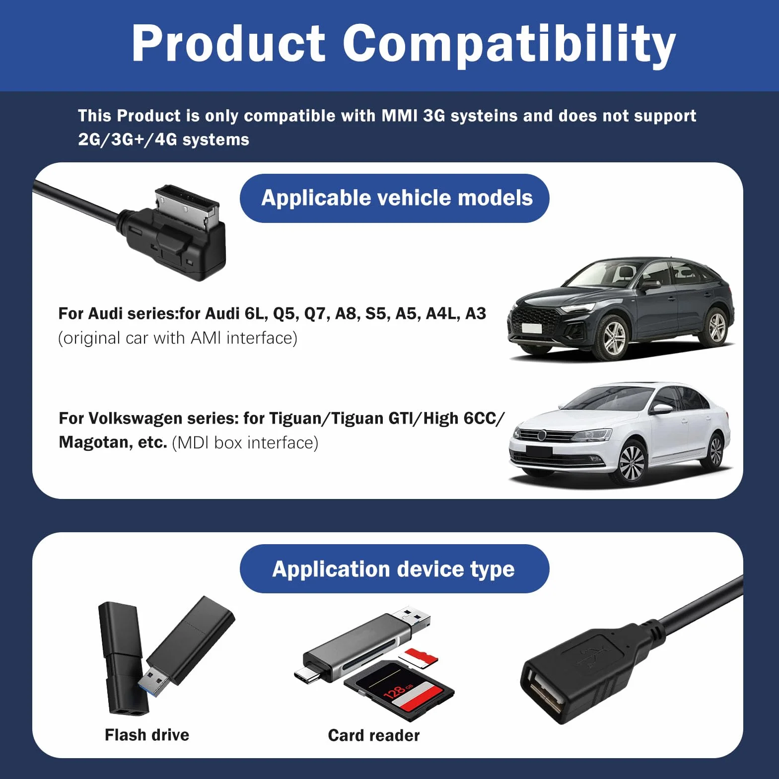 AMI Adaptador de Cable MDI para Audi A1 A2 A3 A4 A5 A6 S6 A8 S8 R8 Q3 Q5 Q7, 30 CM/11,81 Pulgadas Cable AUX para Audio USB MMI Adaptador MP3 Multimedia Music Interfaz para VW TT VW Golf Passat