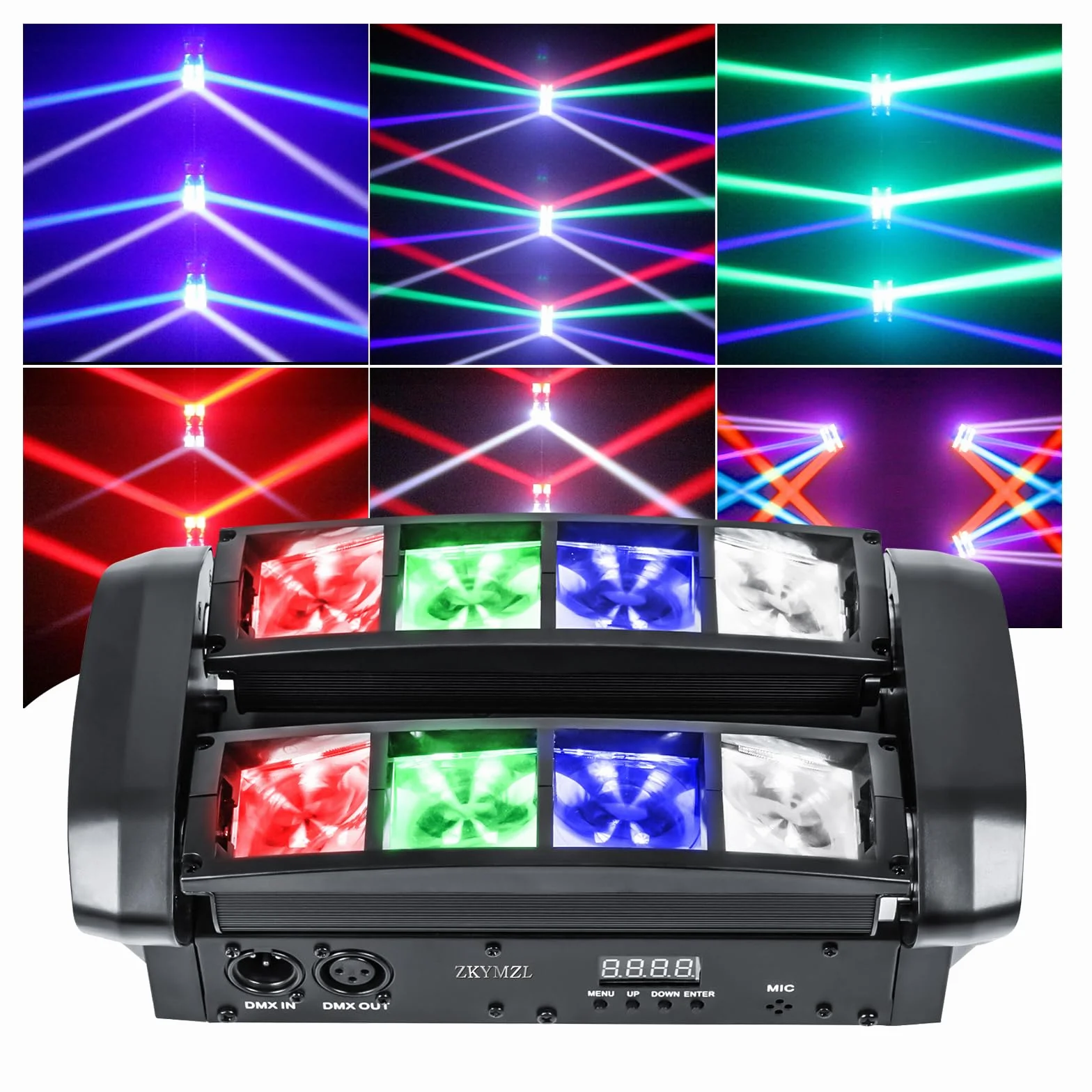 ZKYMZL Spider Moving Head Light LED Beam DJ Lights RGBW Sound Activated and DMX512 Control for Party Pub Disco Show Wedding Event Stage Lighting.