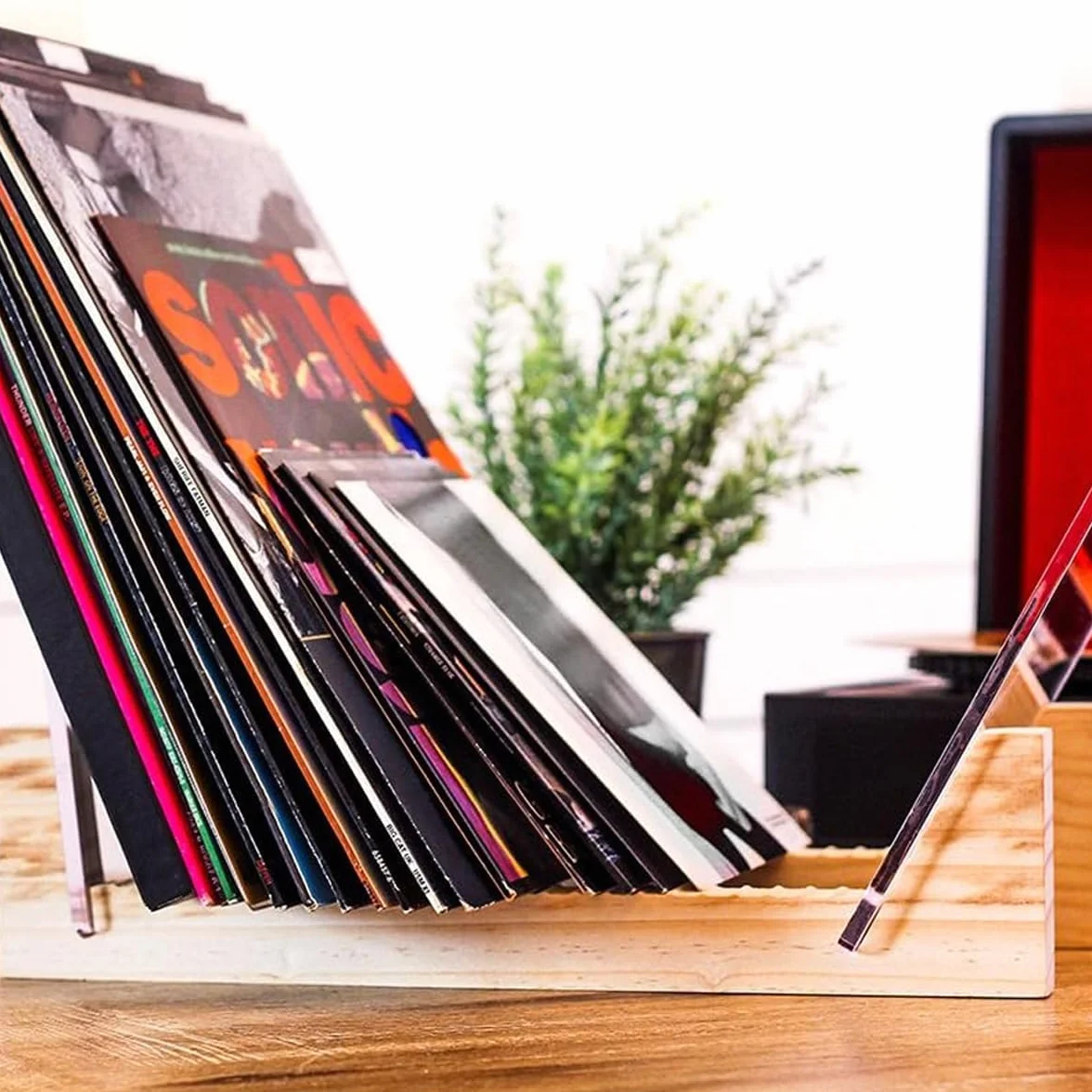 Soporte de madera para discos de vinilo - Soporte para discos de vinilo - Organizador de almacenamiento de álbumes, expositor con capacidad para hasta 50 álbumes, DVD y CD, con