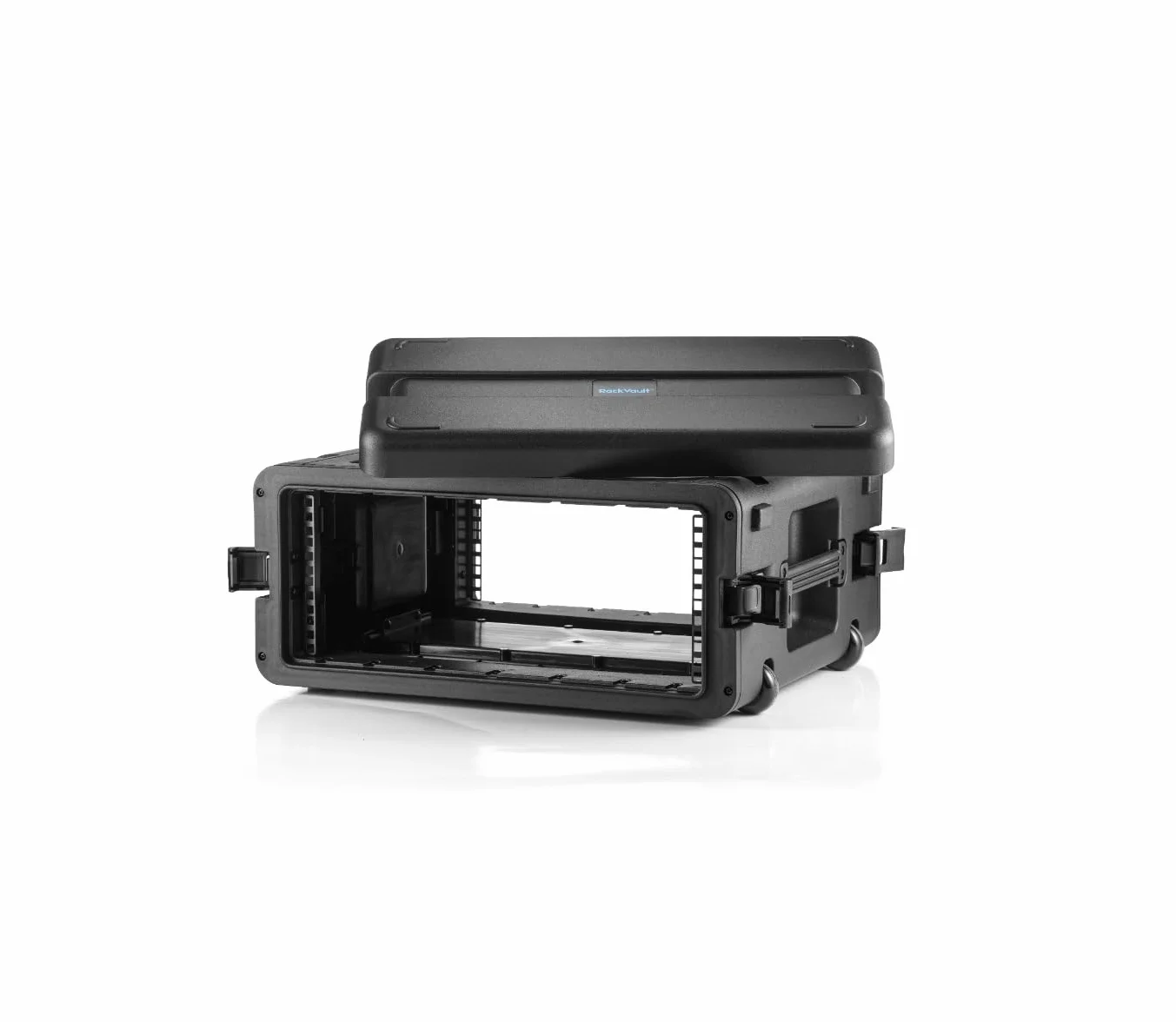 RackVault – Carcasa rígida para audio, 19 pulgadas, 4U, 480 mm, con ruedas y carro, caja apilable, montaje en rack, para aplicaciones industriales y AV/música, color negro, Negro , 19 Zoll
