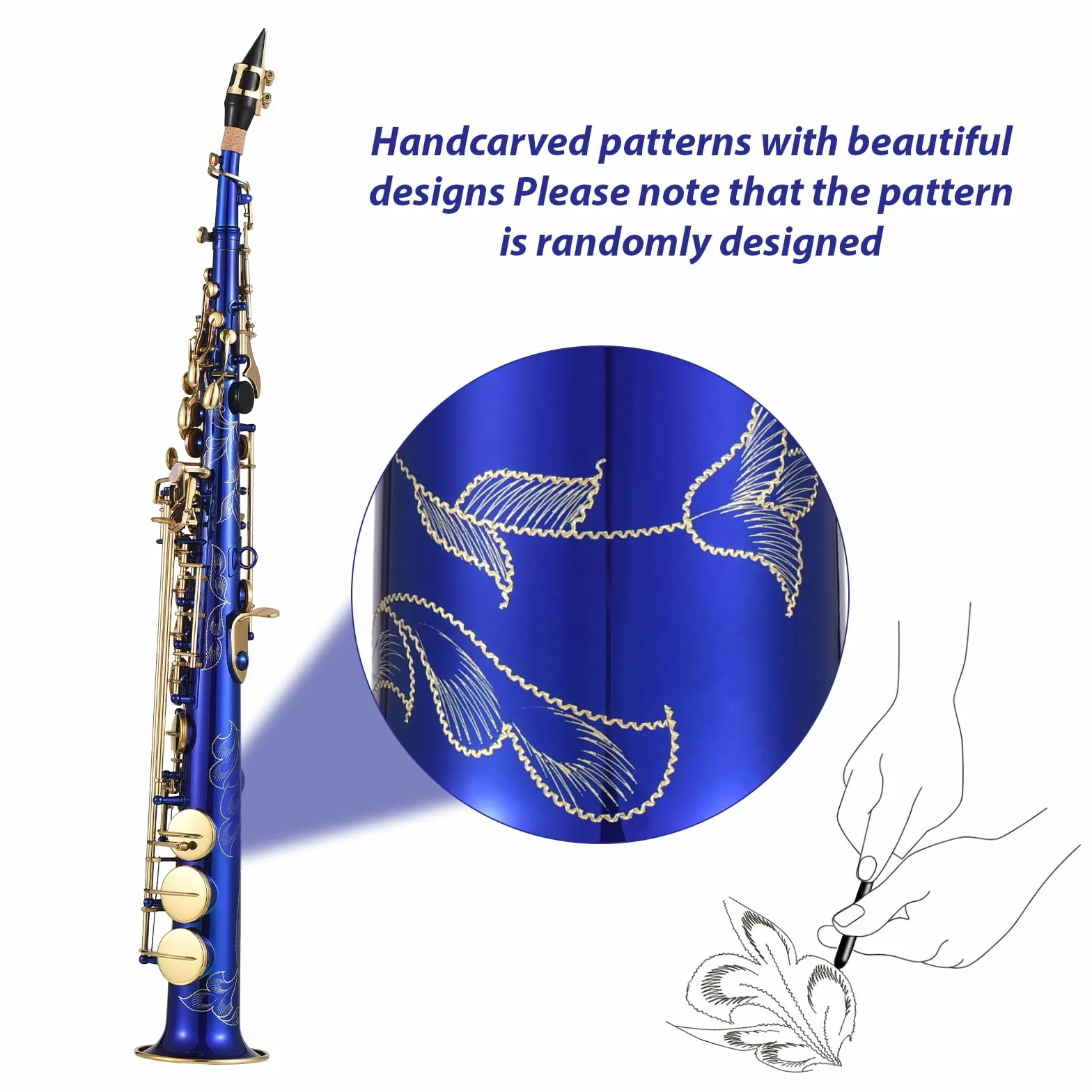 Btuty Saxofón soprano recto B♭ Si bemol Instrumento de viento de madera para estudiantes y principiantes con llave de concha natural en Azul, hecho de Latón