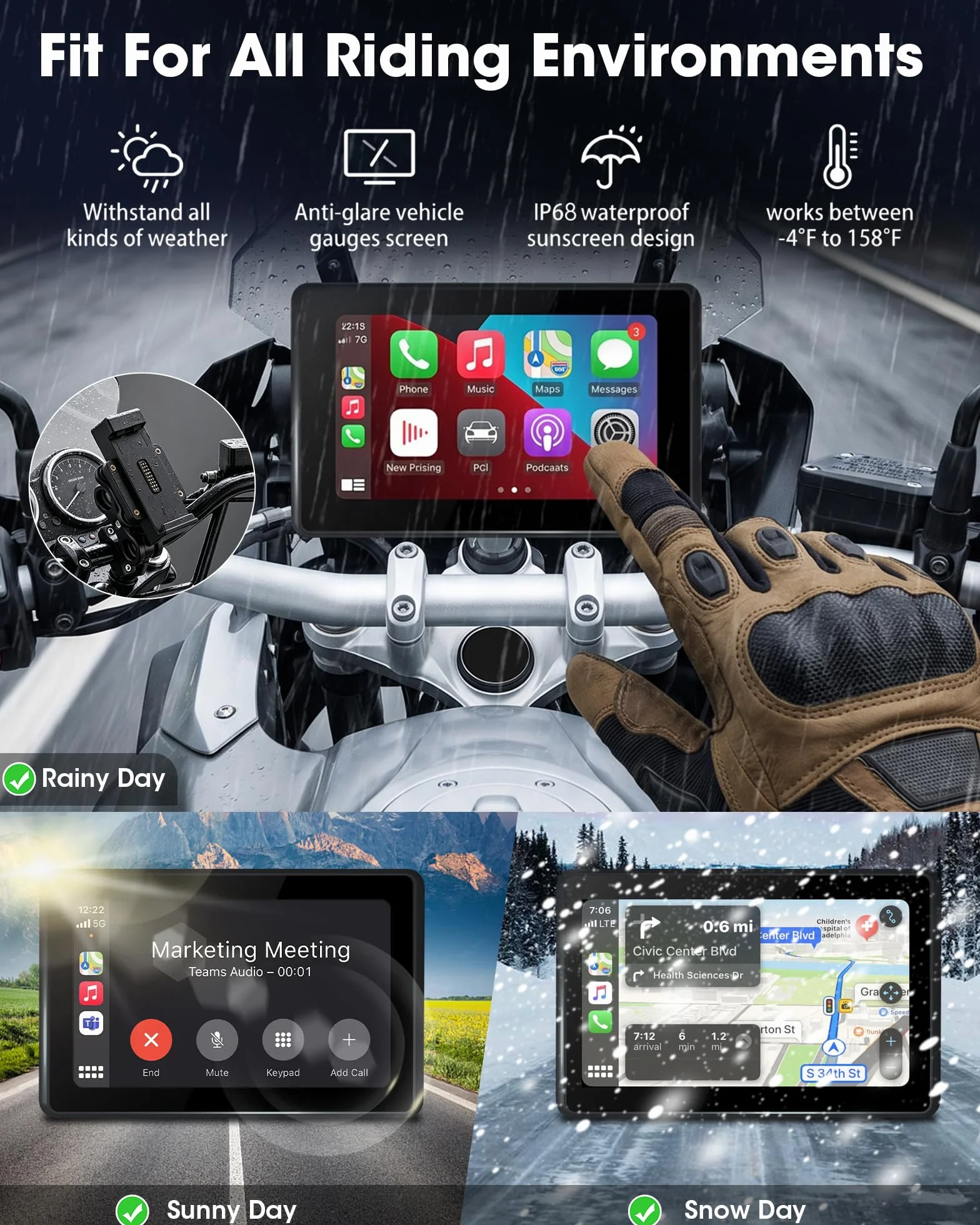 Universal Carplay Moto Soporte Adaptador Corriente GPS Navegador 5 Pulgadas Pantalla Táctil Impermeable 1000 nit Android Auto