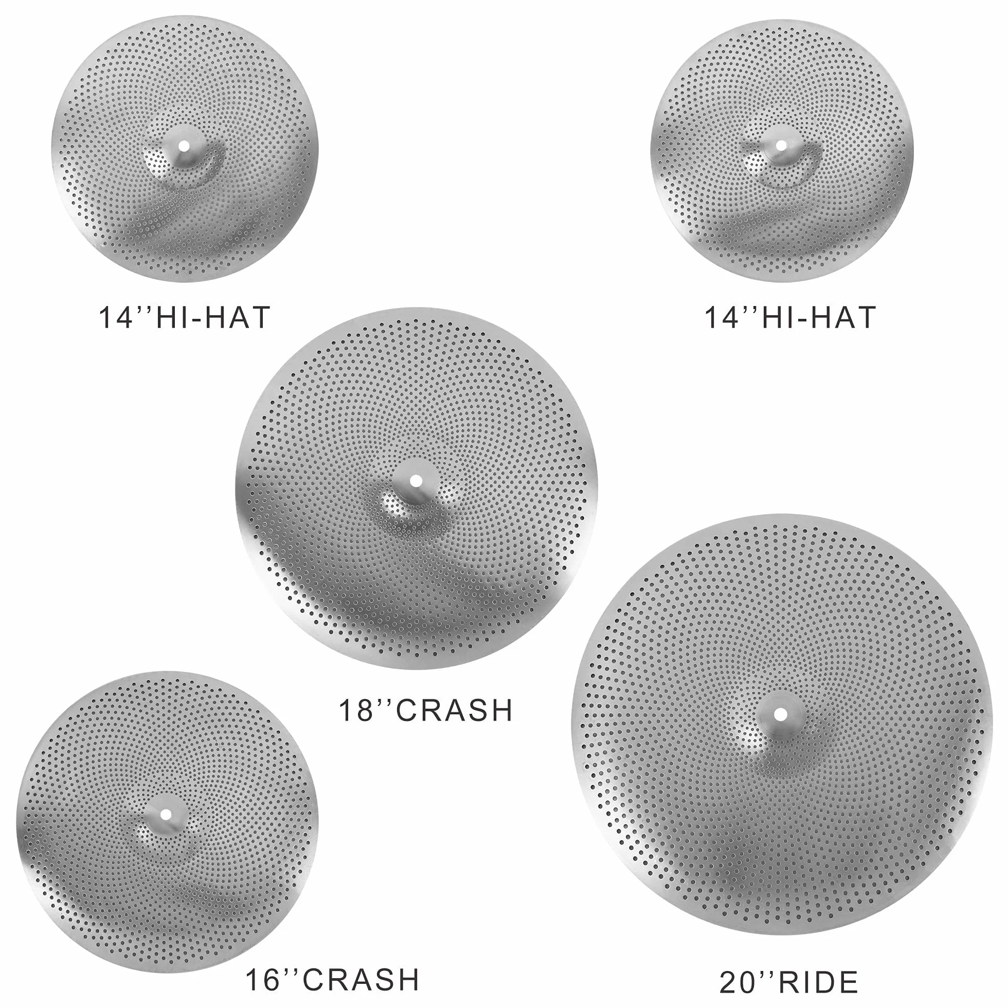 Juego de platillos de bajo volumen Paquete 60% -70%, 14/16/18/20 ”Platillos silenciosos Juego de 5 piezas plateado para practicar