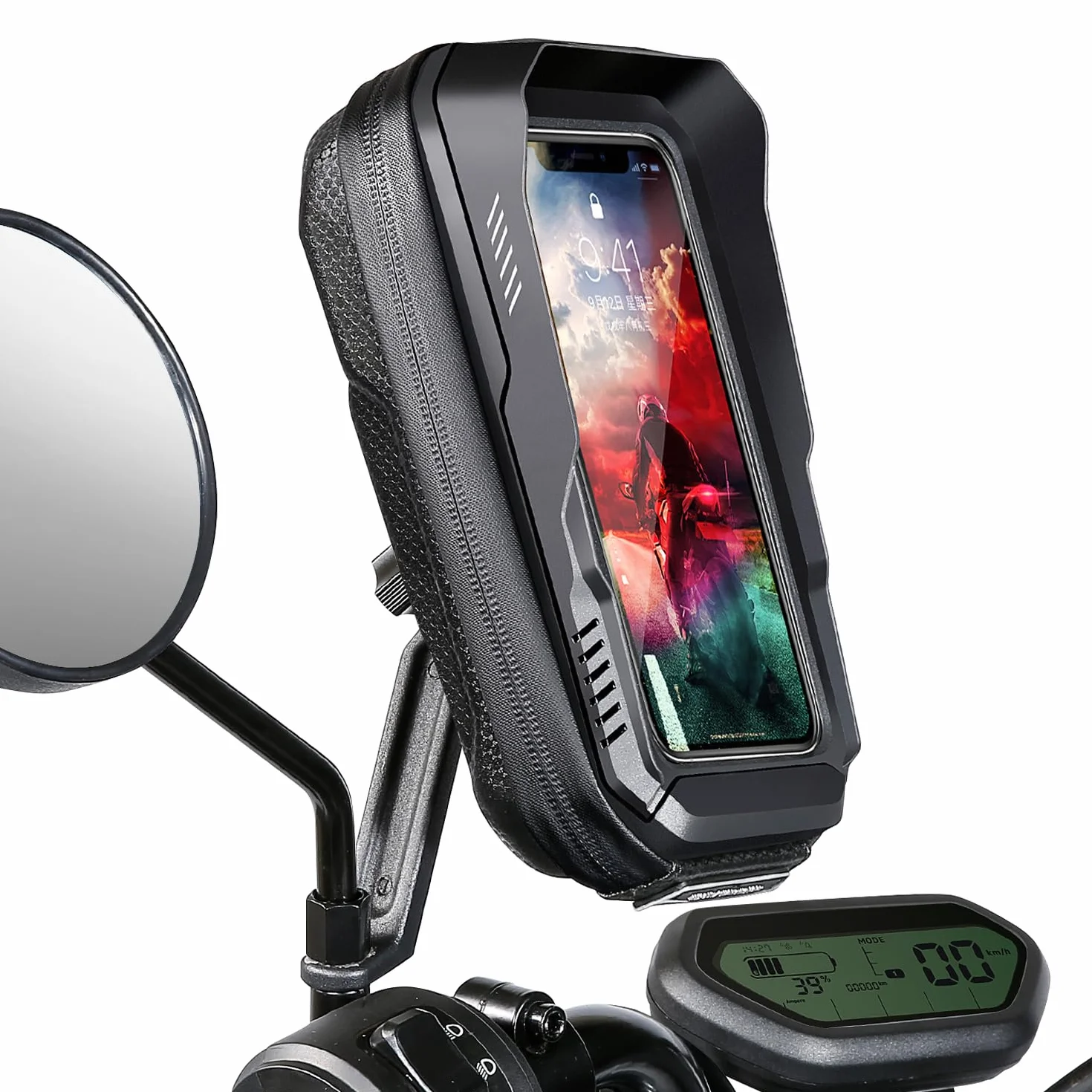 Soporte Móvil Moto Impermeable de Aluminio para Retrovisor - Rotación 360° Ajustable Con Cubierta de Lluvia - Compatible Con Teléfonos de 3.5-6.9"