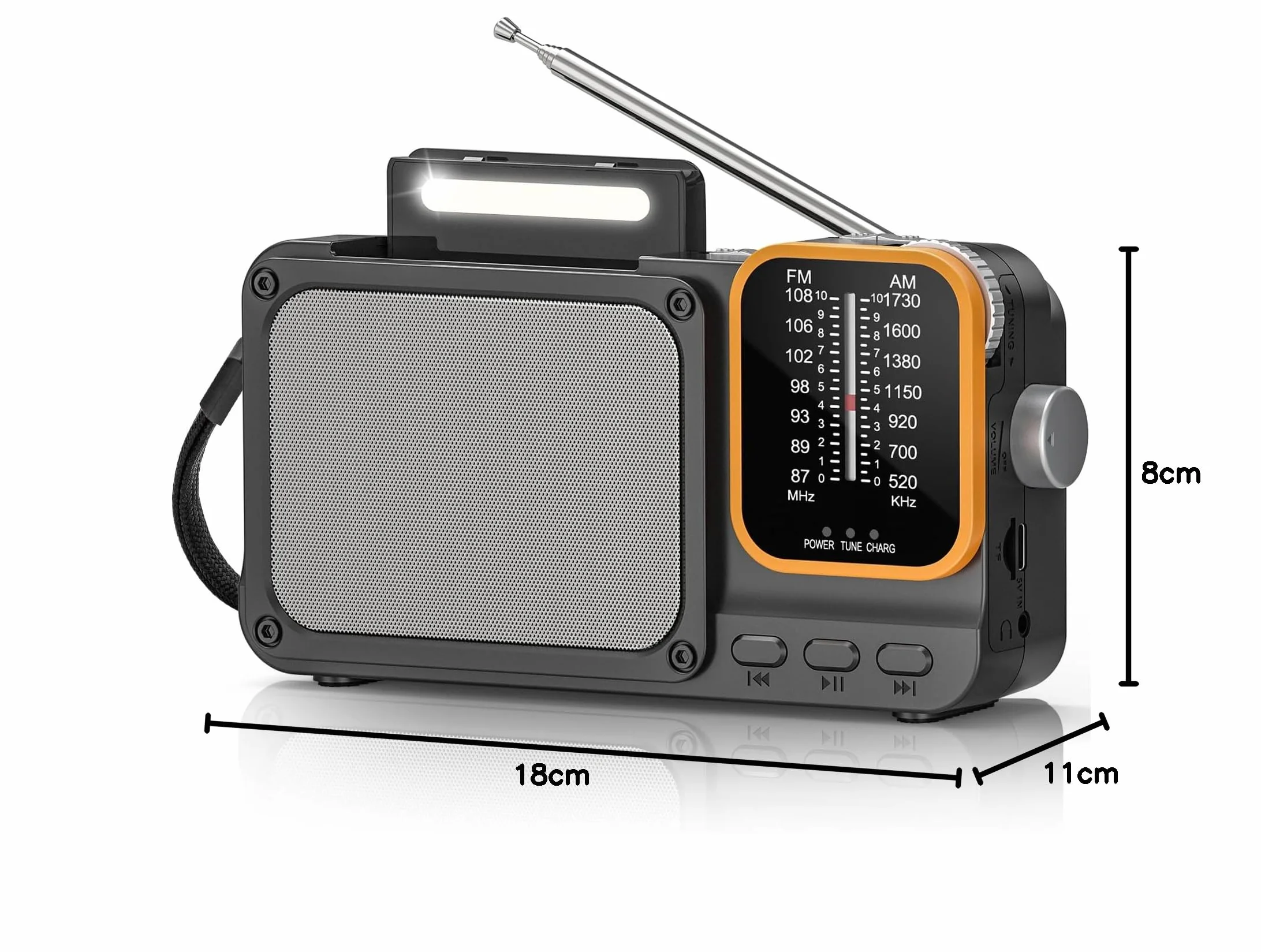 Tendak Radio portátil FM AM 2400 mAh, batería recargable, Bluetooth, TF, USB-C, lámpara