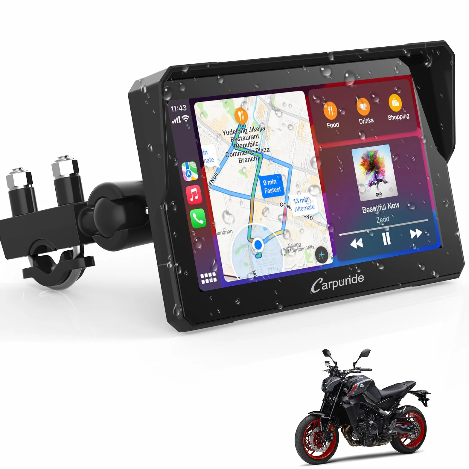 Carpuride W702 Pantalla GPS Carplay 7 Pulgadas Motocicleta CarPlay Inalámbrico Android Auto Pantalla Táctil Impermeable Bluetooth Navegación