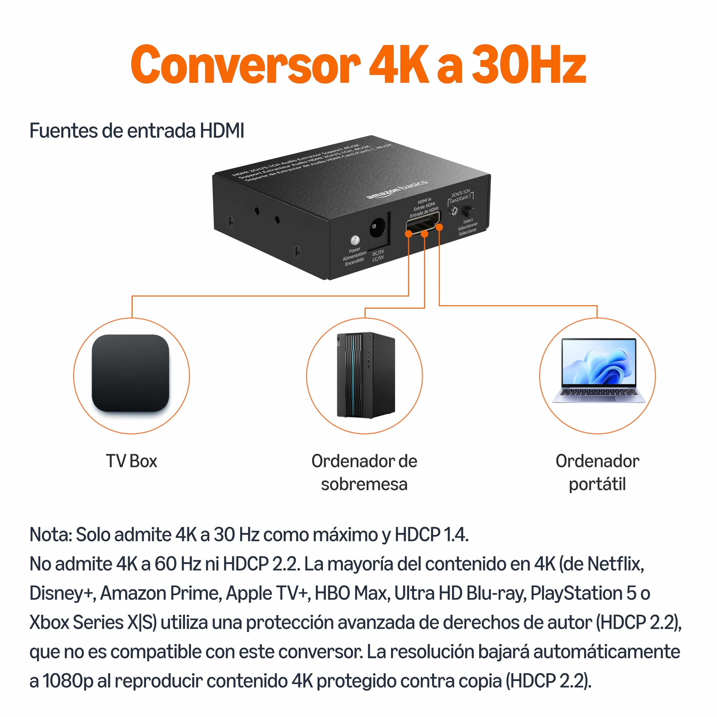 Amazon Basics Convertidor extractor 4K a 30Hz, HDMI a HDMI y audio (RCA estéreo o Spdif), negro