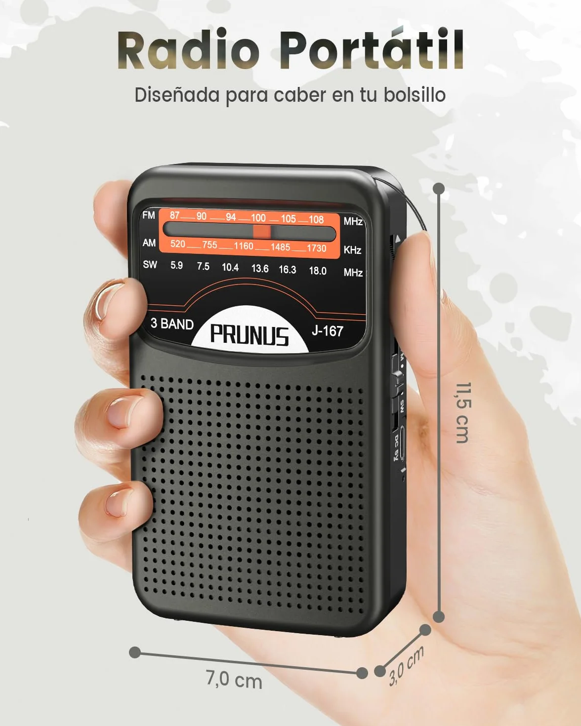 PRUNUS J-167 Am/SW/FM Radio Portatil Pequeña Recargable, Transistor Radio de Bolsillo con Excelente Recepción, Carga USB-C, con Toma de Auriculares, para Correr, Caminar, Viajar.