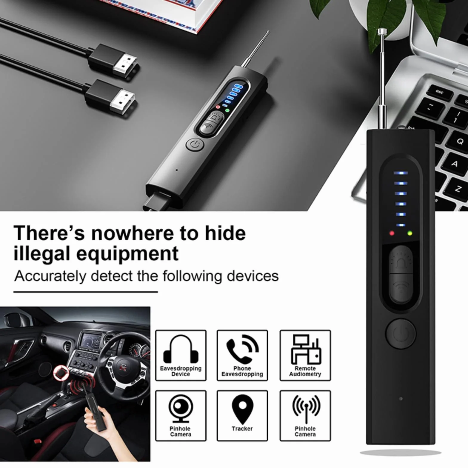 Detector de Camaras y Microfonos Ocultos, Detector de Dispositivos Ocultos Inalámbrico, Detectores de Cámara Oculta, GPS y Señales RF con 6 Niveles de Sensibilidad para Hotel, Hogar, Oficina y Viajes