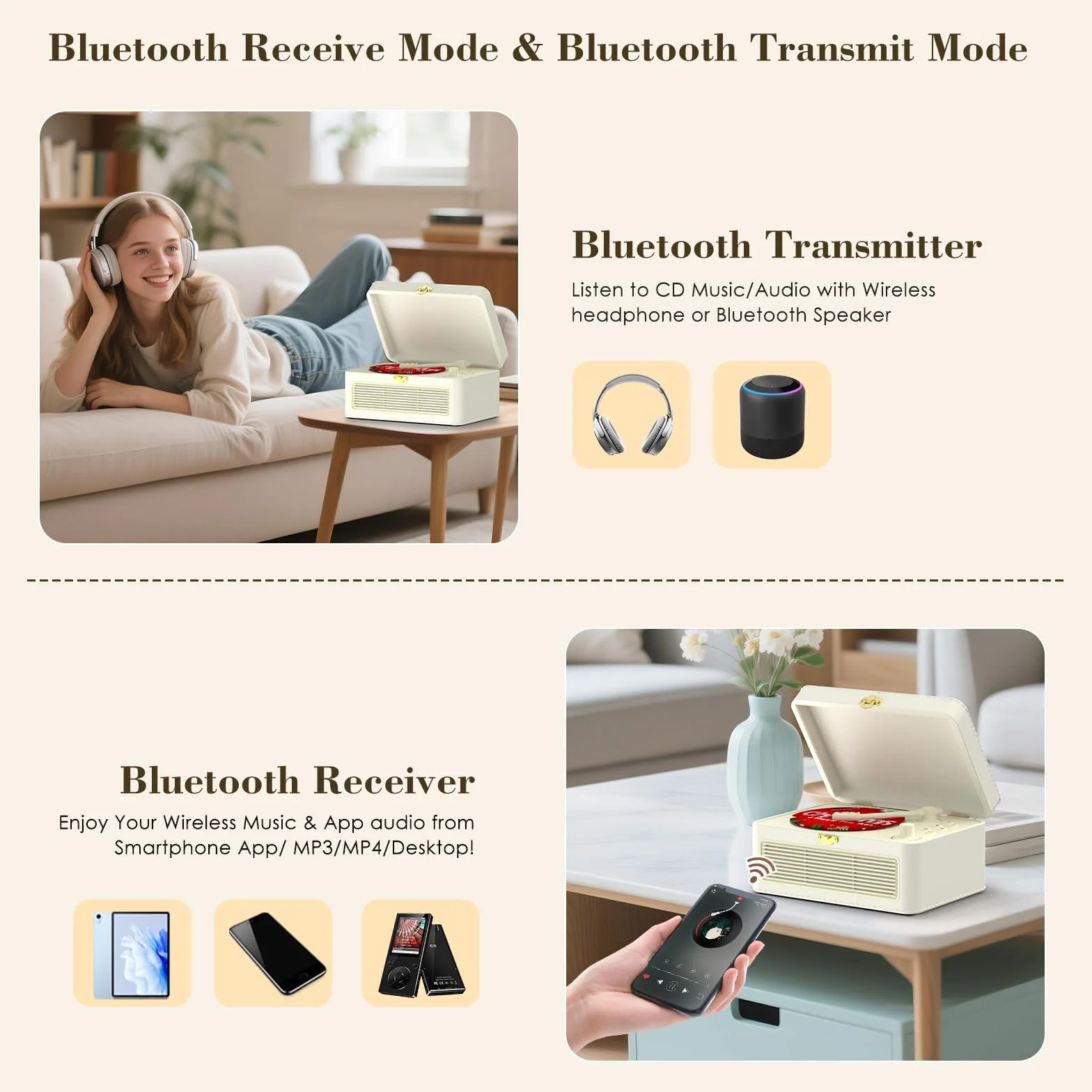 Reproductor de CD Portatil Bluetooth: Kegaudio Reproductor CD con Altavoces Radio y Mando a Distancia Soporte Reproducción USB/AUX Toma de Auriculares PU Blanco