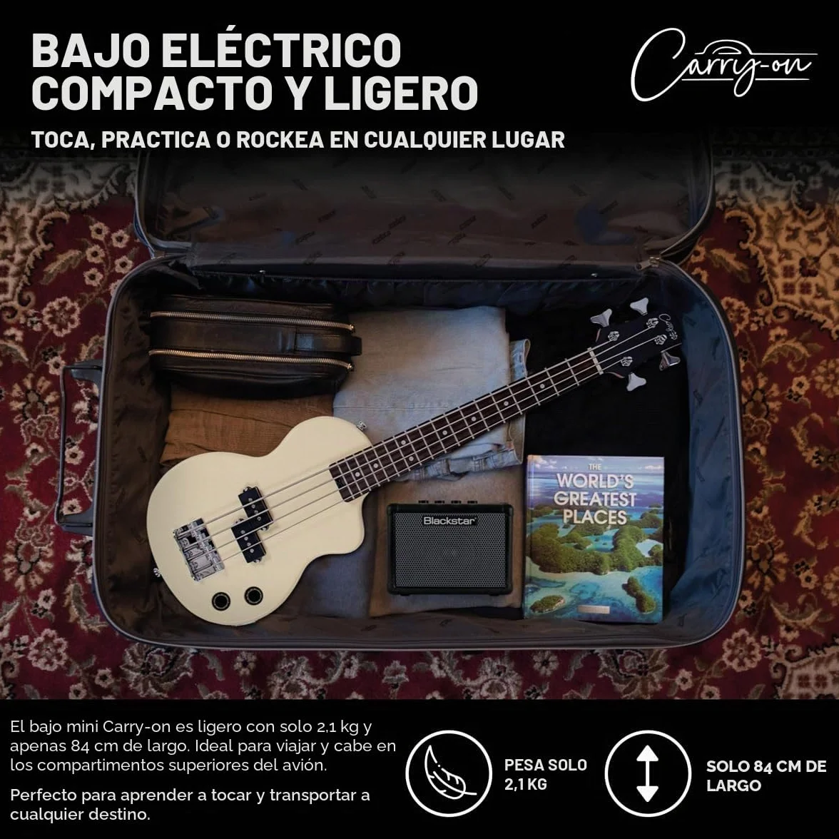 Carry-on By Blackstar Mini Guitarra Bajo Electrico Vintage White Perfecta para Niños y Adultos, Principiantes y Viajes