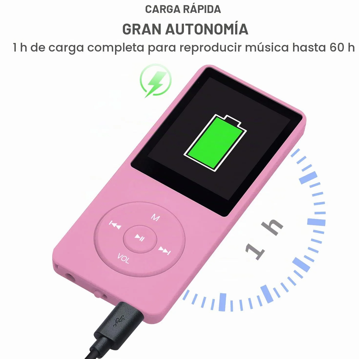 Reproductor MP3 Portátil 8GB con Ranura SD, Música Sin Pérdida, Radio, Grabación, Rosa