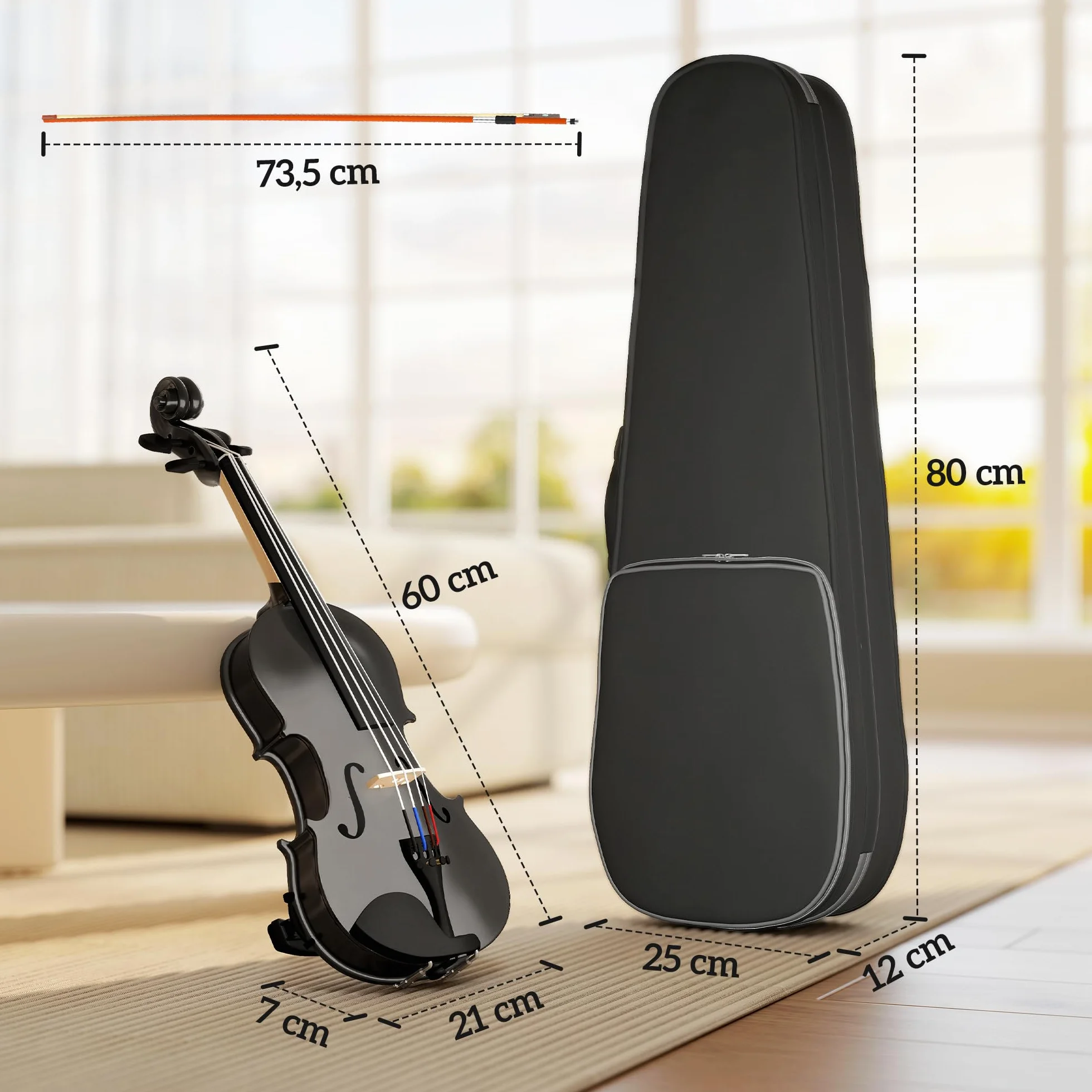HOMCOM Violín 4/4 de Tamaño Completo de Madera, Set de Violín para Principiantes, Adultos y Niños, con Estuche Ligero, Arco, Colofonia, Afinadores, Cuerdas y Soporte para Hombro, Negro