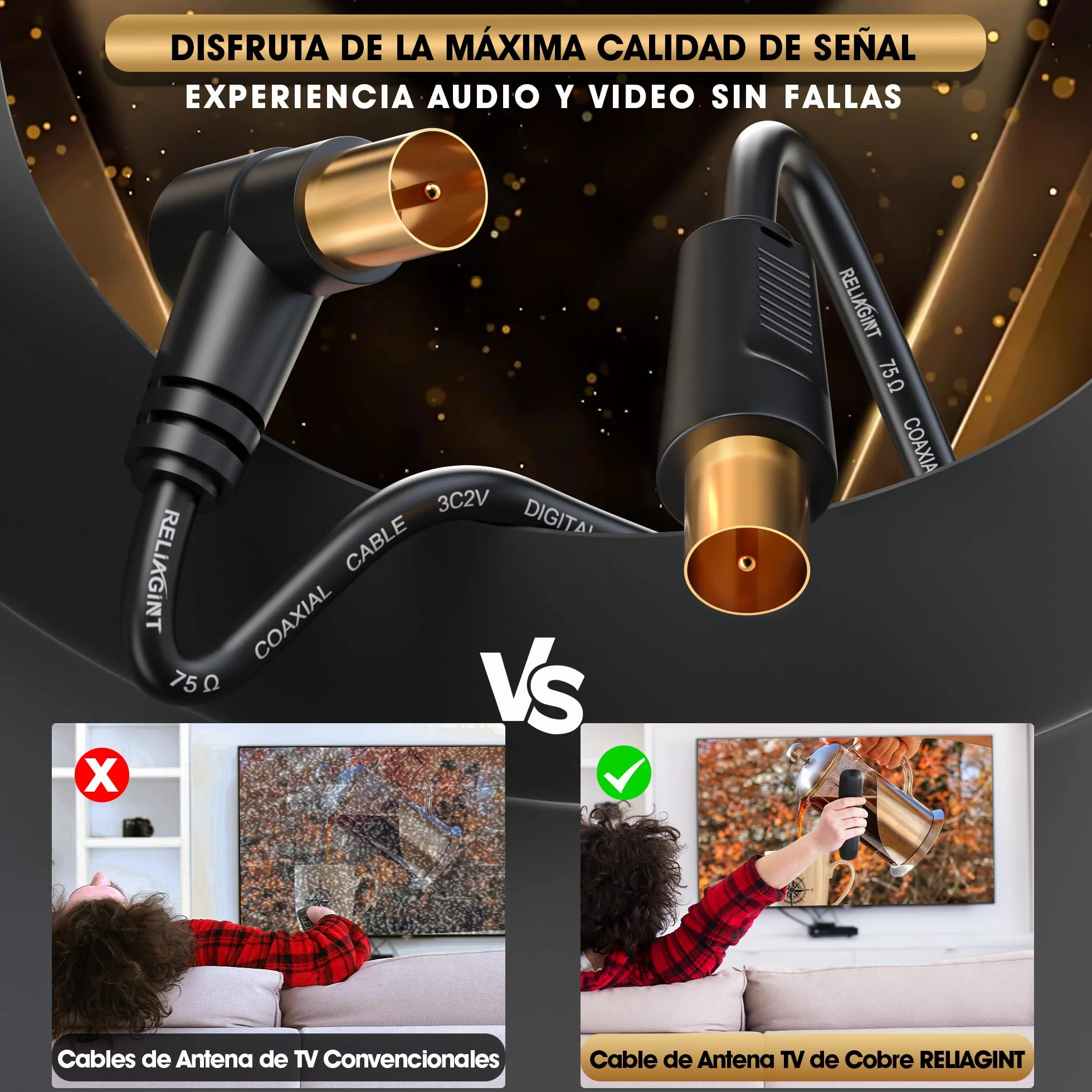 Cable antena TV 0.5m, cable coaxial 75 Ohm IEC 9,5 mm macho a macho 3C2V cobre puro doble blindaje, conector acodado, adaptador hembra a hembra incluido, negro