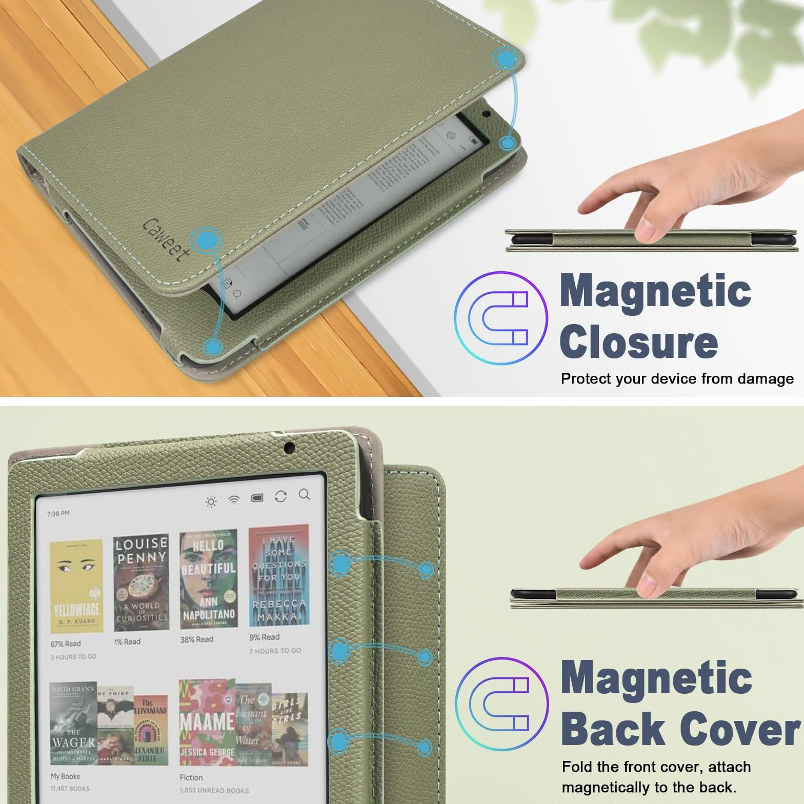 Caweet Funda para Kobo Clara Colour/BW de 6 Pulgadas, Lanzamiento 2024, Cubierta de Soporte Plegable de Piel de PU Premium con Ranura para Tarjeta y Correa para la Mano, Verde