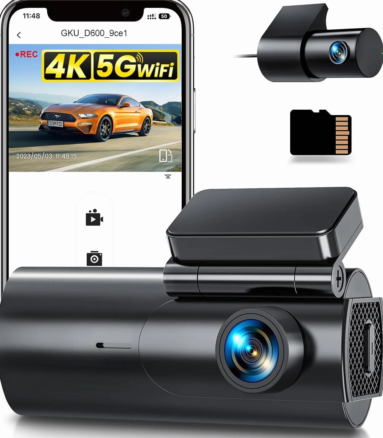 GKU Dashcam Cámara Coche 4K+1080P, 5GHz WiFi Dash CAM Coche con Tarjeta SD de 64GB,Camara Coche Grabadora,170° Gran Angular,Visión Nocturn,WDR,Sensor G,Monitor de Aparcamiento