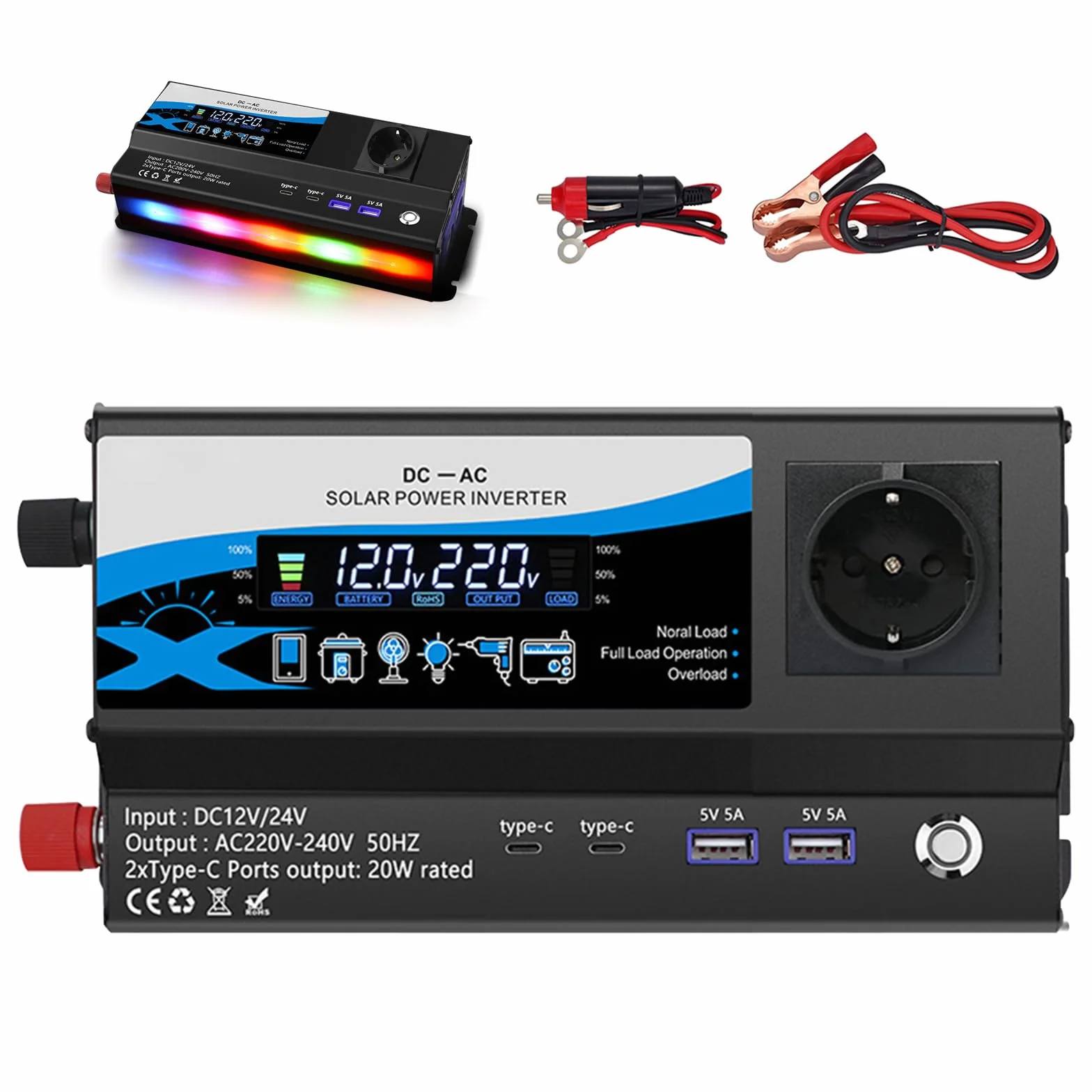 Inversor 1200W 12V/24V a 220V, Convertidor de Corriente para Coche con 2 Tomas AC, 2 USB & 2 Type-C, Mechero y Pantalla LED, para Autocaravana Camping