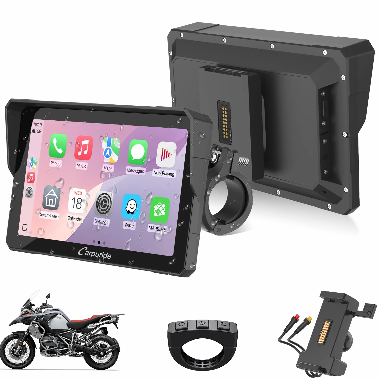CARPURIDE W702S Motocicleta CarPlay Pantalla con BM05 Soporte para Conectar y Usar, Inalámbrico CarPlay y Android Auto, 7" Impermeable Táctilpantalla, Bluetooth Trans, Control con Cable, Navegación.