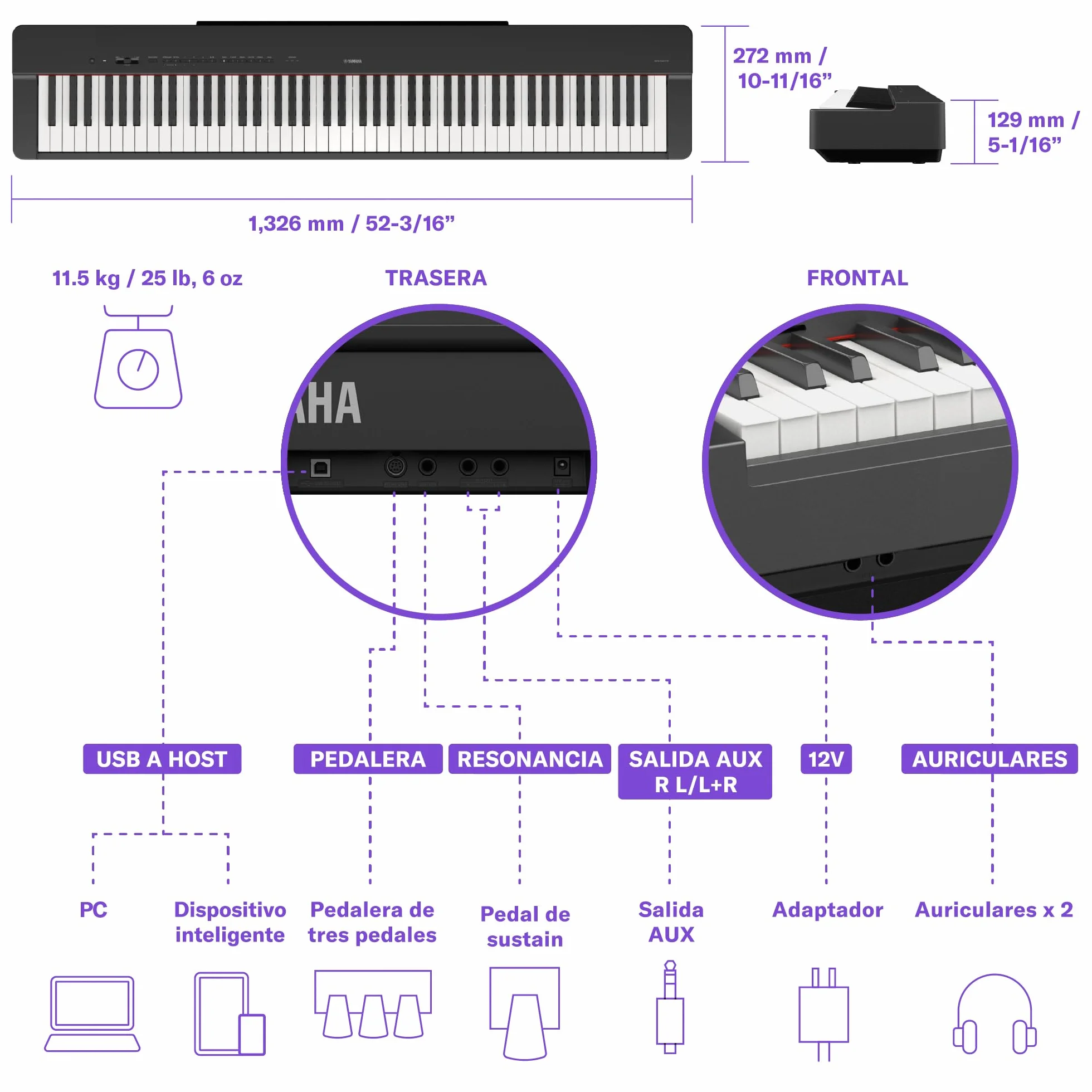 Yamaha P-225 piano digital ligero y portátil, con teclado Graded Hammer Compact, 88 teclas y 24 voces de instrumentos, negro