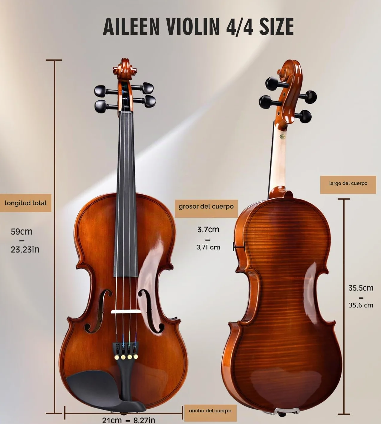 Aileen Violín Set Tamaño 4/4 para Principiantes Profesionales con Estuche Rígido, Afinador, Manual del Usuario, Cuerdas y Resina