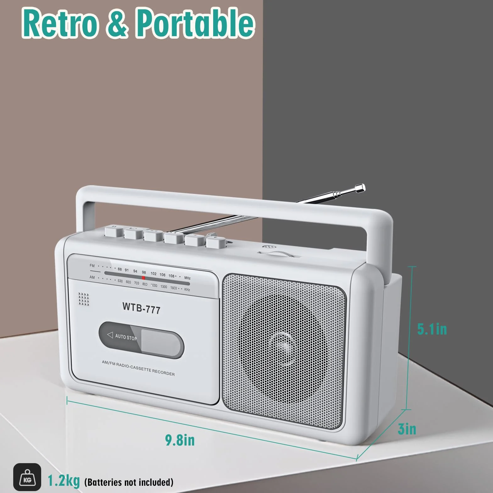 Reproductor de Casete Portátil, Radio estéreo Am/FM con Bluetooth, USB, Conector para Auriculares, Grabador de Casete portátil para casa o al Aire Libre