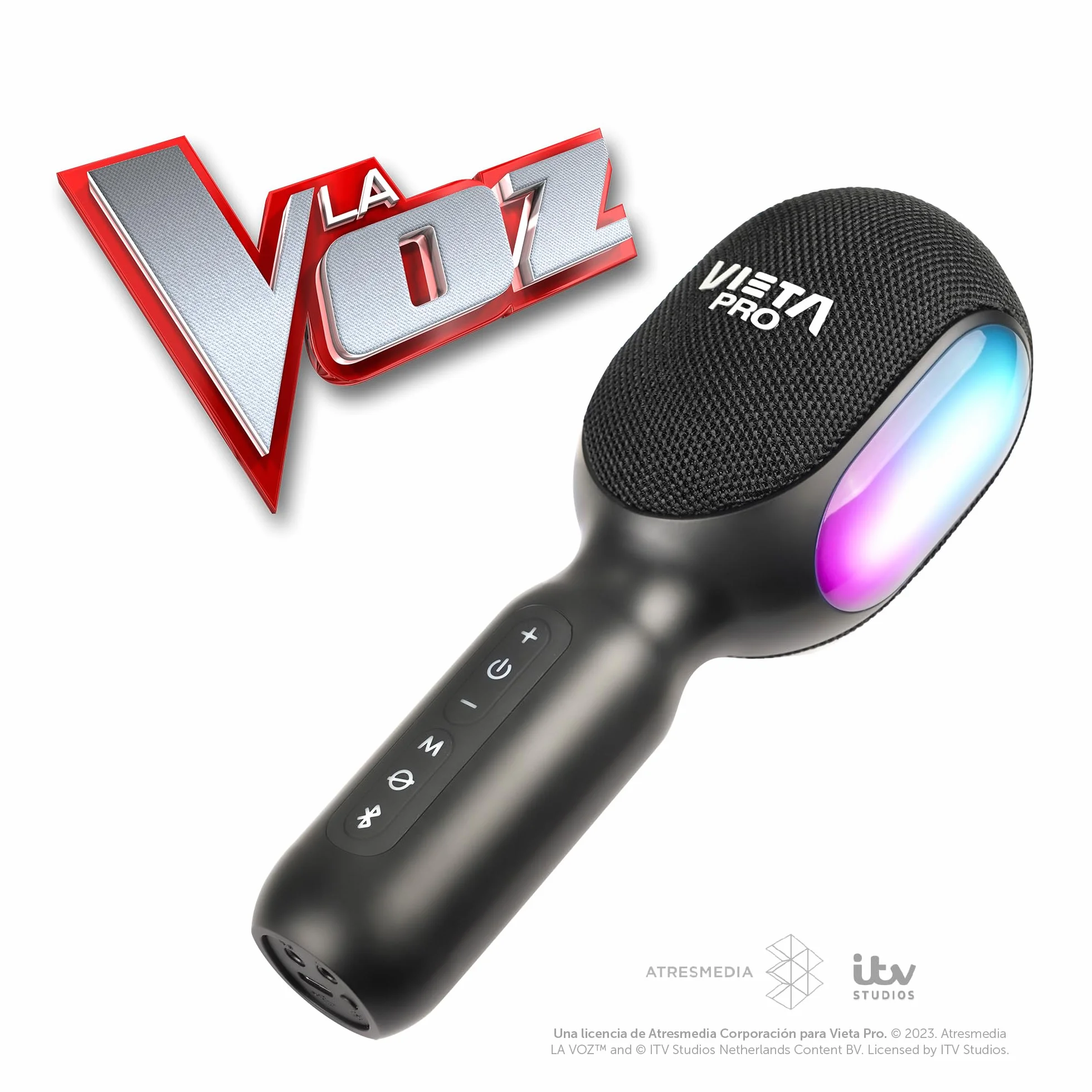 Vieta Pro Micrófono Inalámbrico con Altavoz para Karaoke True Wireless. Micrófono con Bluetooth, 10H de Batería, Transmisor Radio FM y Efectos de Luz y Sonido. | Micro Karaoke Party La Voz Negro