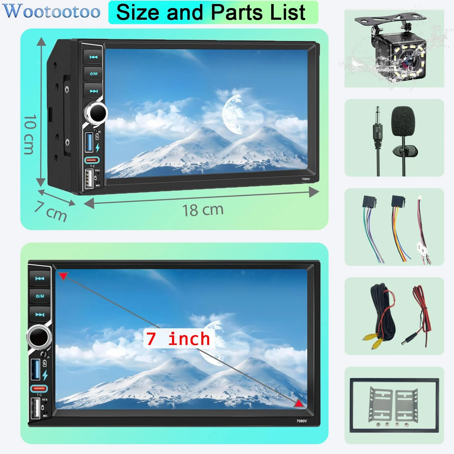 Radio estéreo para Coche 2 DIN con Bluetooth, CarPlay inalámbrico y Android Auto, Pantalla táctil HD de 7 Pulgadas, Radio FM RDS, Tipo C, Carga rápida, micrófono y cámara de visión Trasera