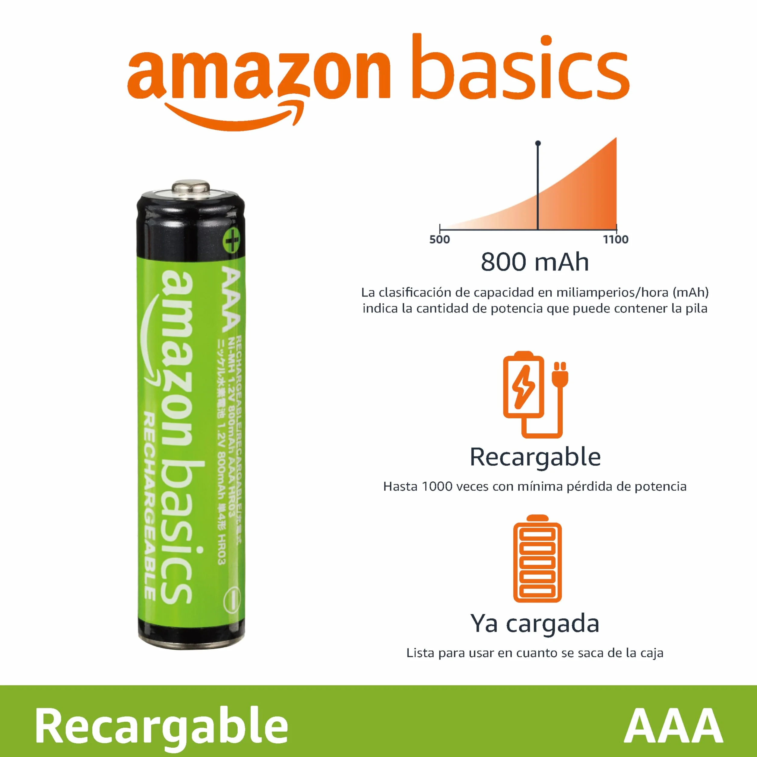 Amazon Basics pilas AAA NiMH recargables 800 mAh 1,2 V paquete de 12