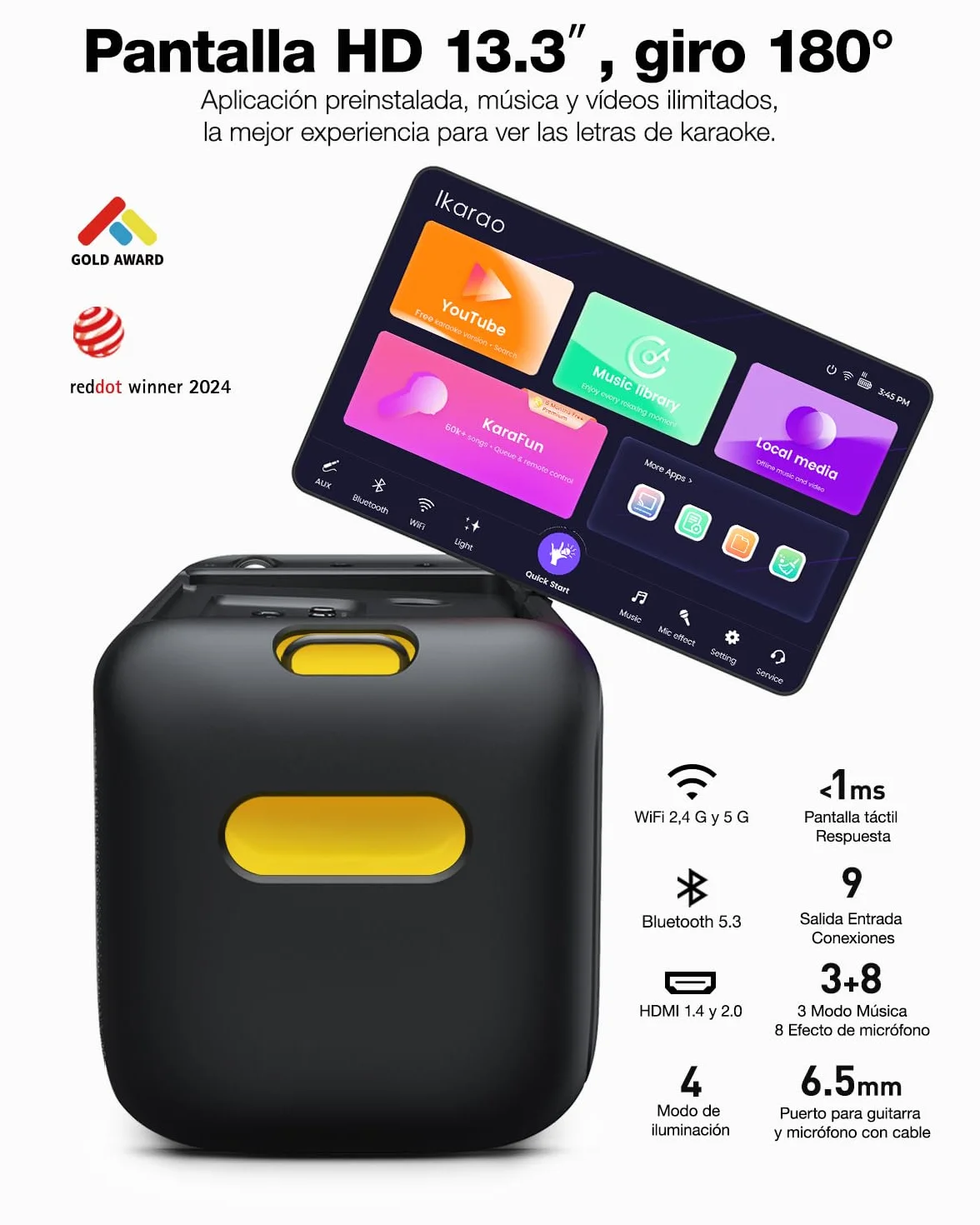 Máquina de Karaoke para Adultos con Pantalla de Letras, Pantalla integrada de 33,8 cm, máquina de Karaoke Realmente Todo en uno con 2 micrófonos inalámbricos (Ocultos y de Carga automática), Altavoz