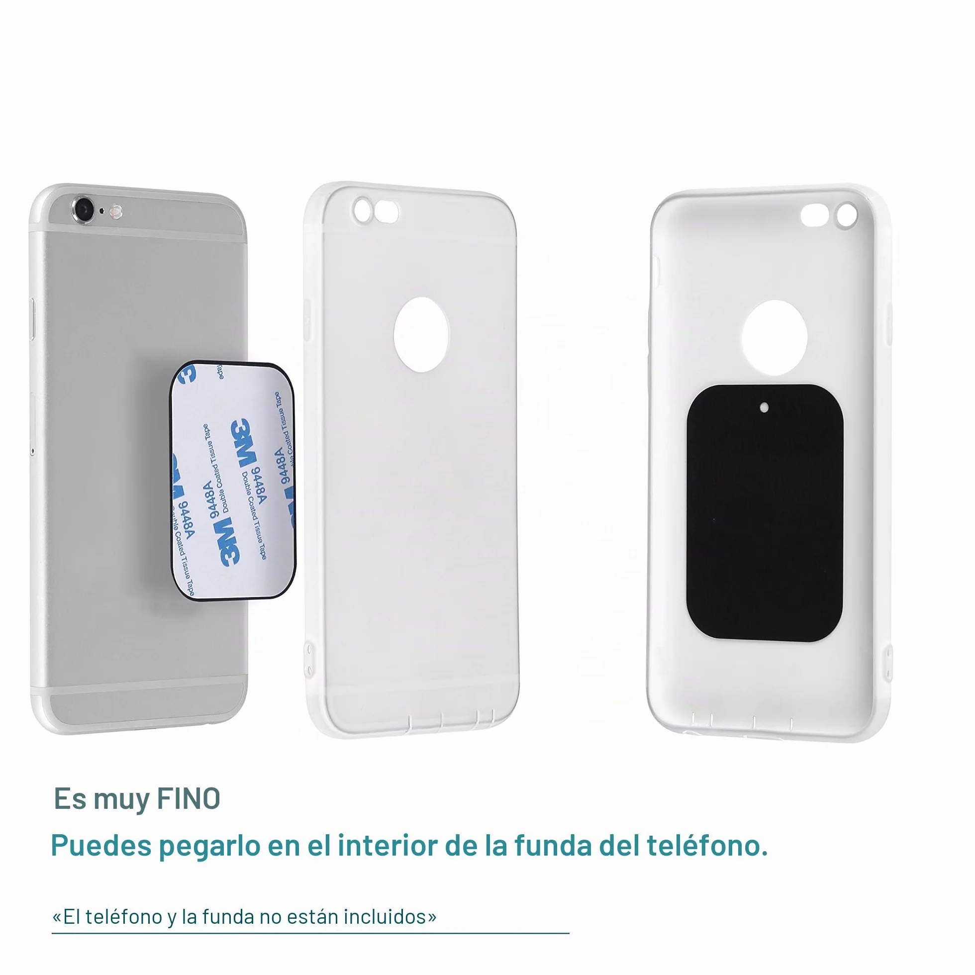 4 Paquetes Placa Metal Delgada Soporte Magnético Teléfono Coche Redondo Rectangular