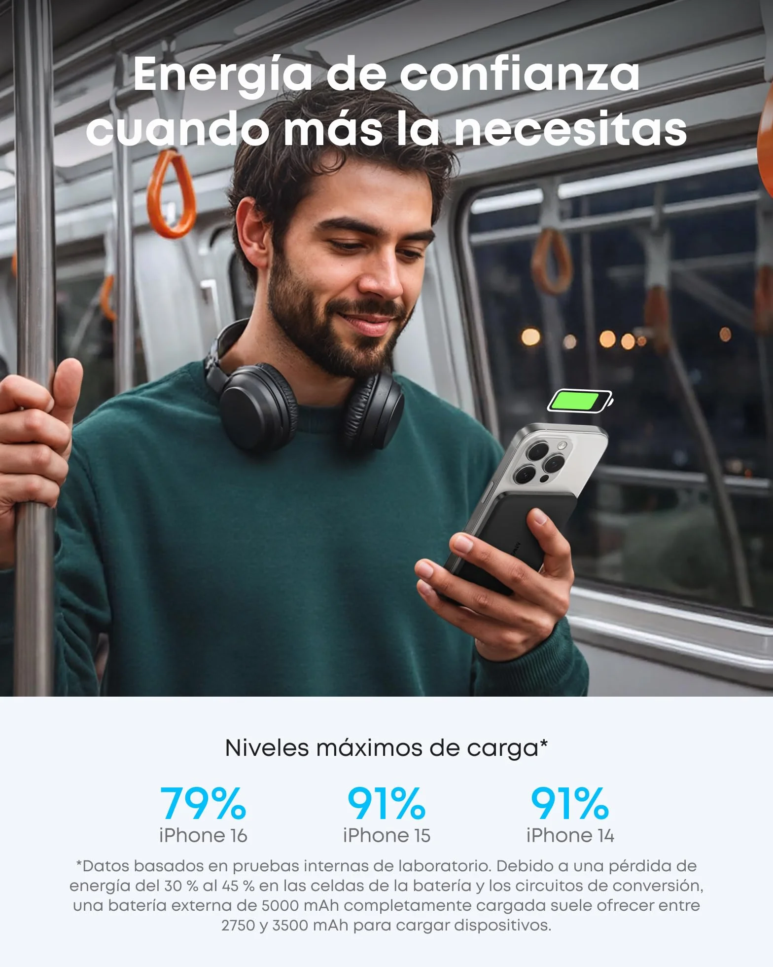 Anker Nano Certificado Qi2 15W Power Bank Magsafe ultradelgada de 5000 mAh, Cargador portátil Compatible con MagSafe,diseño ergonómico, para iPhone 17/16/15/14, Negro