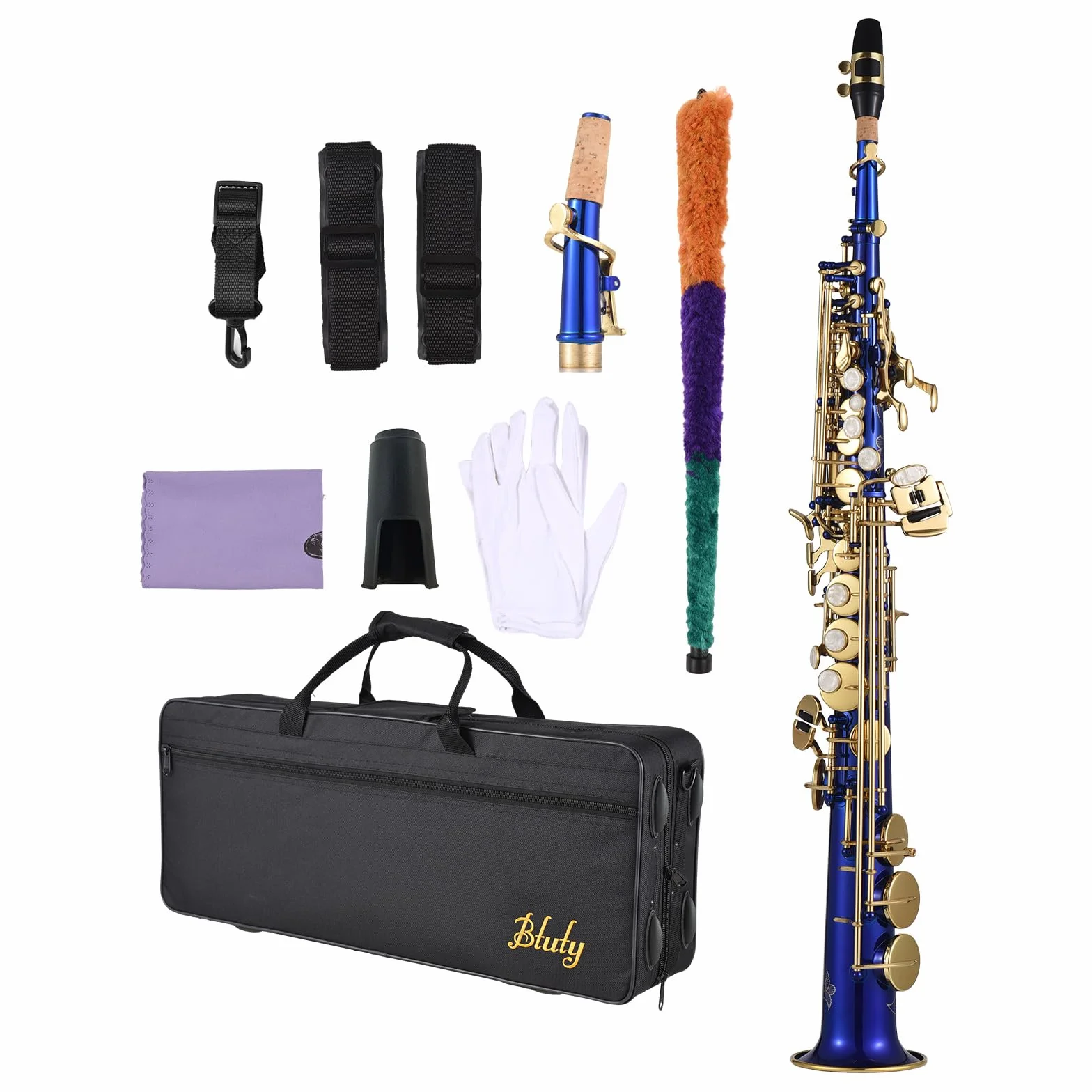 Btuty Saxofón soprano recto B♭ Si bemol Instrumento de viento de madera para estudiantes y principiantes con llave de concha natural en Azul, hecho de Latón