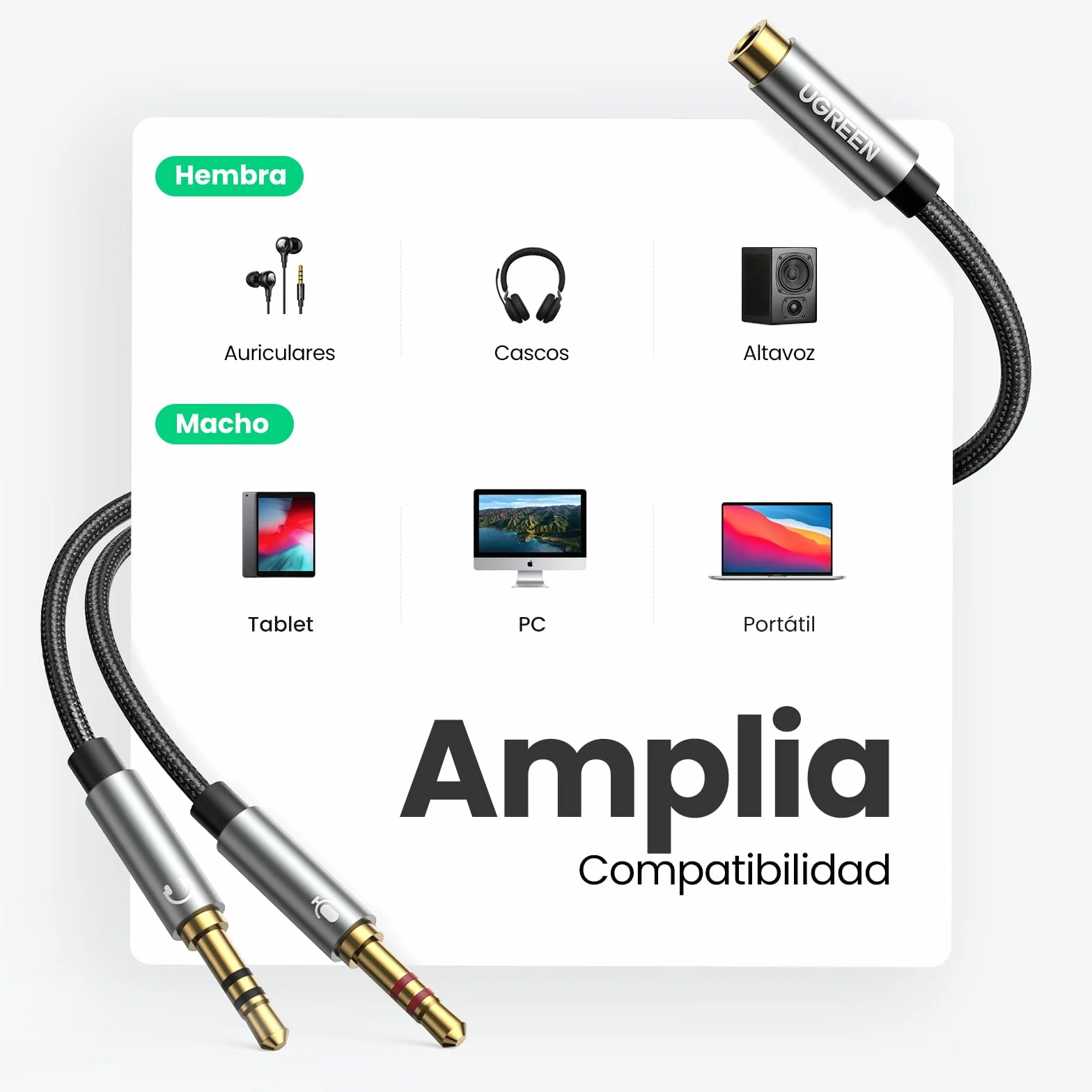 UGREEN Adaptador Splitter Jack 3.5mm Micro y Auriculares Separador de Audio y Micrófono con HiFi Sonido Mic 1 Hembra a 2 Macho Compatible con Gaming Cascos de PS4 Xbox EarPods PC (20CM)