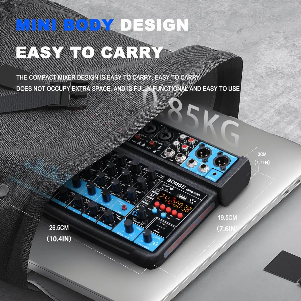 BOMGE Mini mezclador de audio de 8 canales, CC 5 V, con reproductor de MP3, Bluetooth, U disco 48 V, efectos 24DSP, grabación USB, ideal para clubes pequeños o bares, grabación de estudio (8 canales