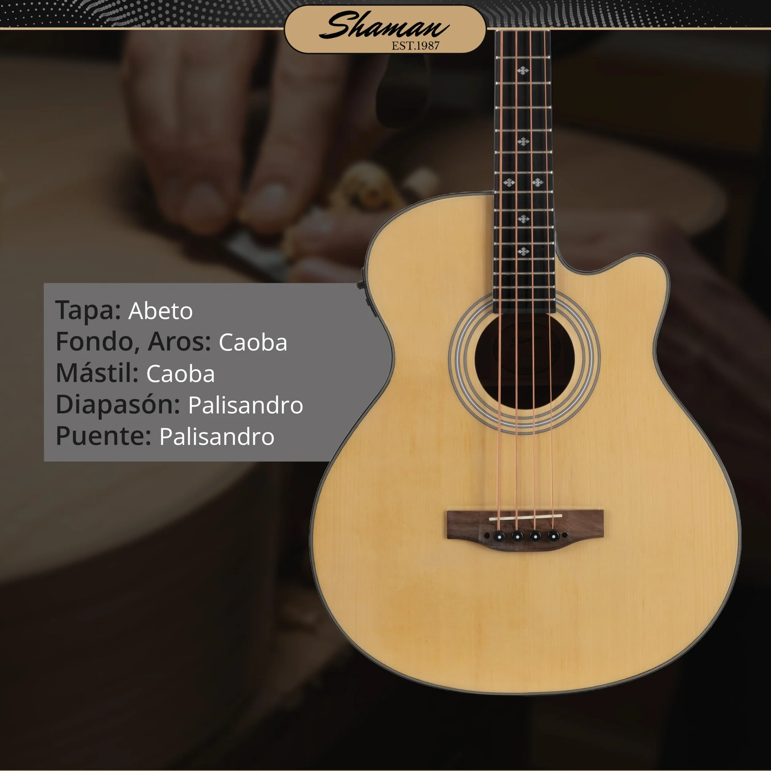 Shaman AB4-50CE Bajo acústico de 4 cuerdas - Tapa de abeto con cuerpo de caoba - Pastilla integrada con preamplificador y ecualizador de 2 bandas - Escala 34" - Acabado brillante - Natural