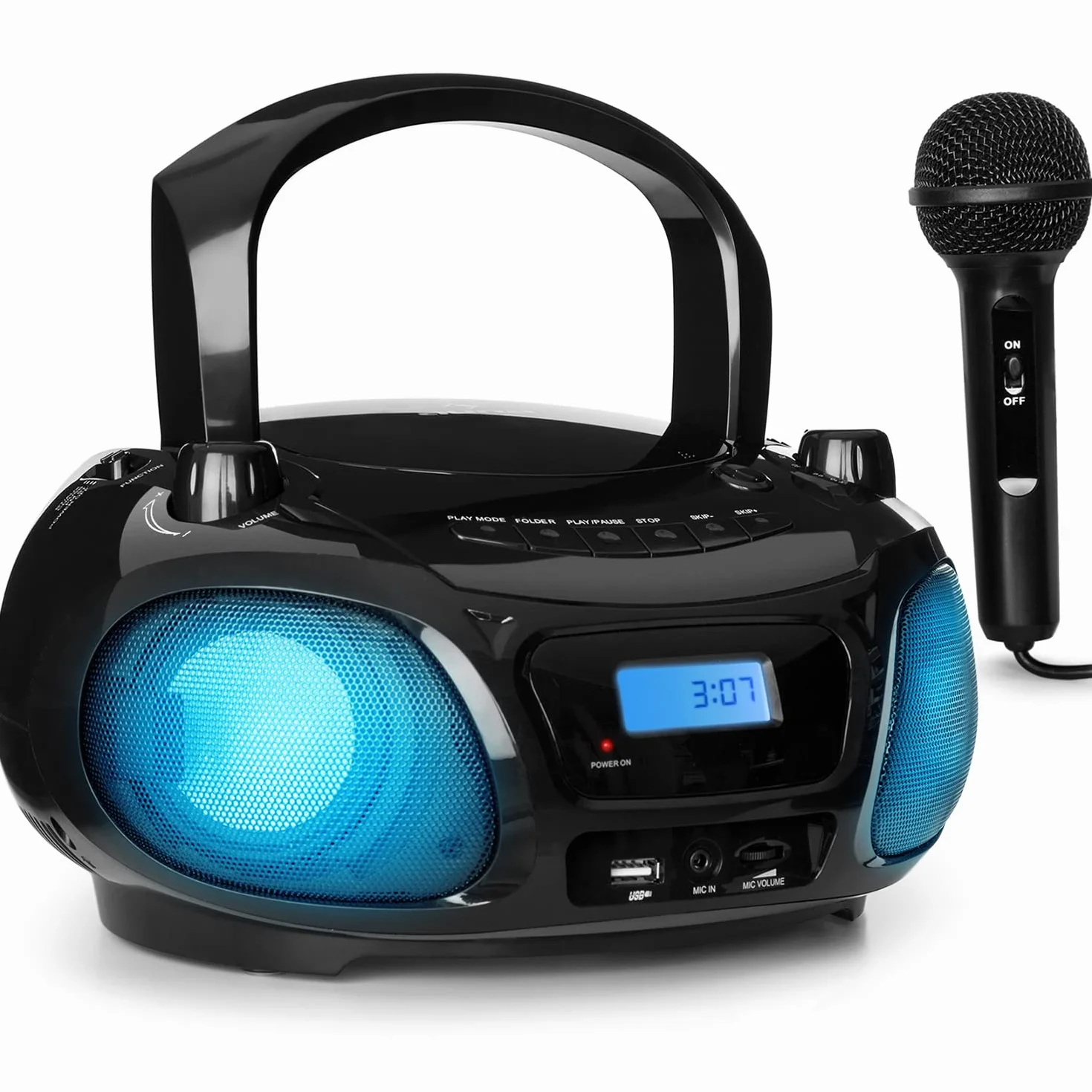 Auna Radio Portatil Pequeña con CD para Casa de 3W, Boombox FM+ Radio con Bluetooth + AUX Sonido Estéreo, Pantalla LED y Luces, con Asa, Transistores Radio Digital con USB, MP3, Carga Eléctrica