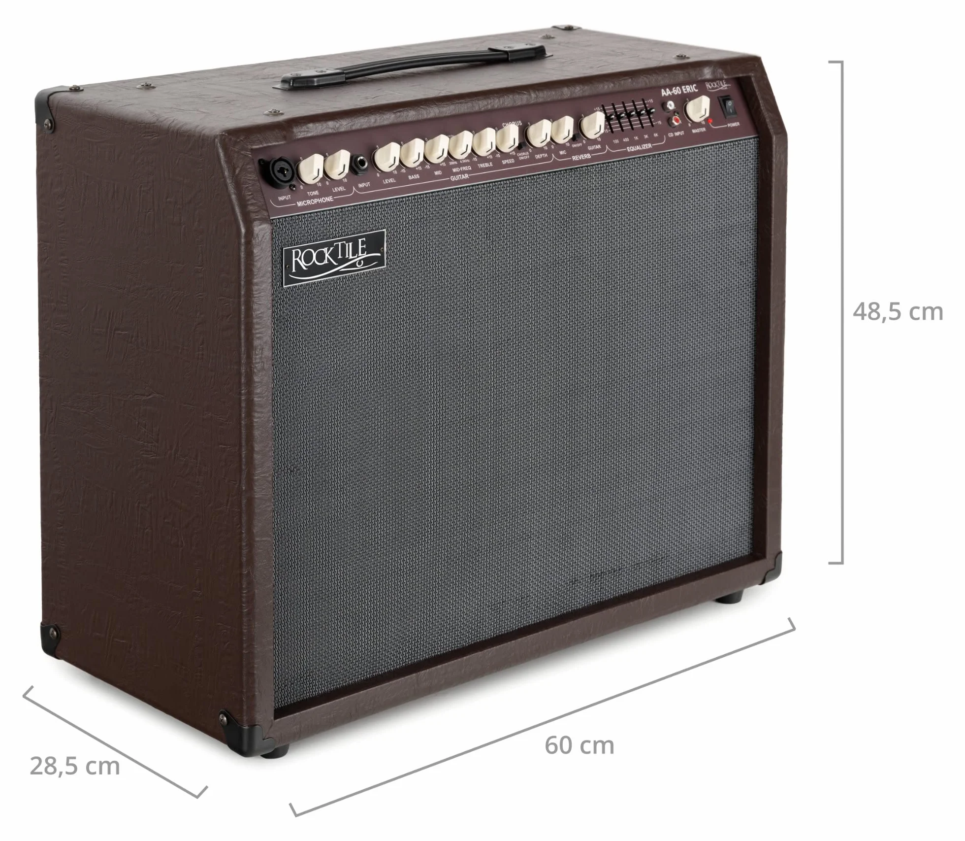 Rocktile AA-60 BN Eric Amplificador Acústico 60W, 2 Canales (micrófono y Guitarra), 2 Altavoces 10" + tweeters 2,5", Entrada AUX, Salida línea, Efectos Chorus y reverberación, marrón.