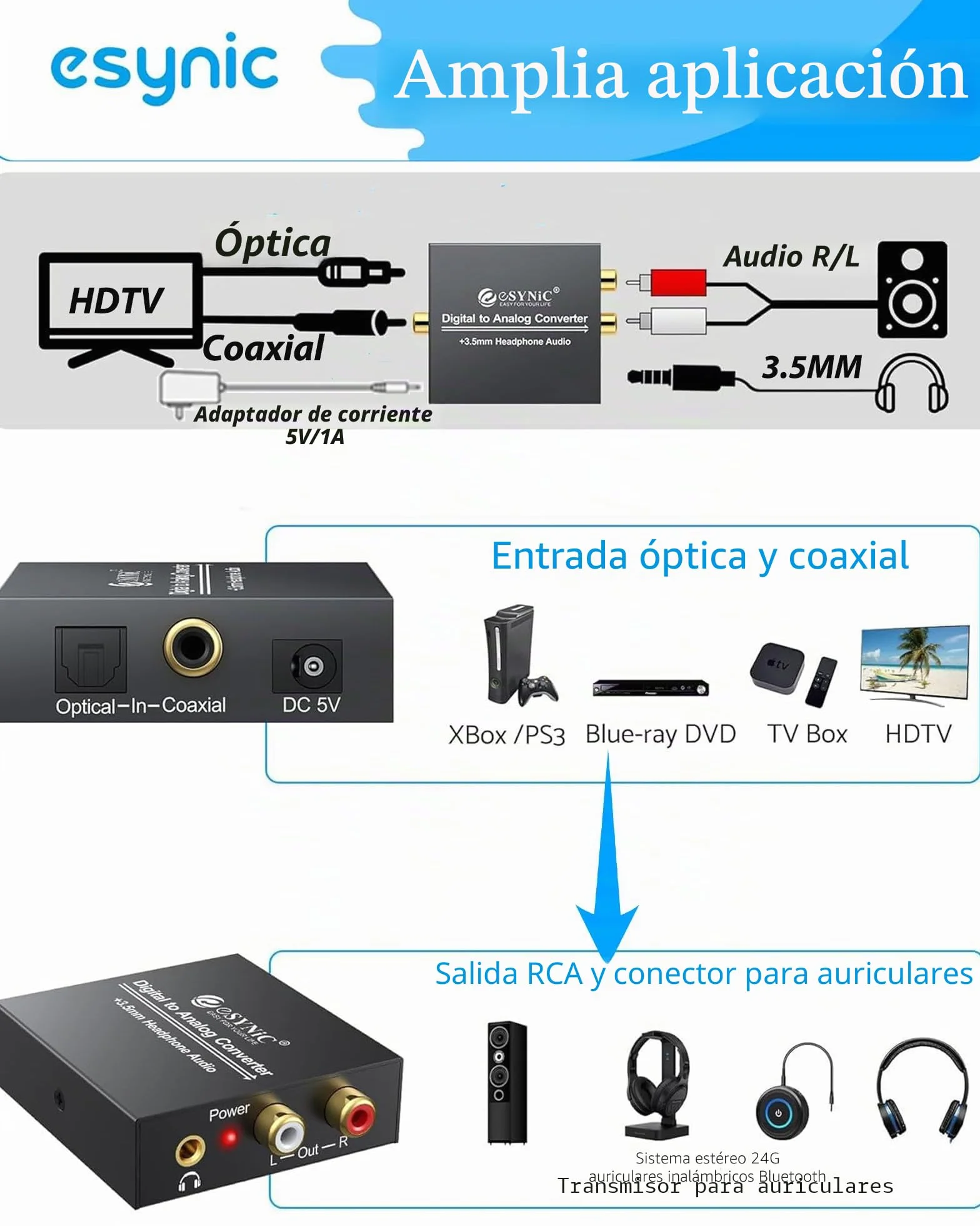 ESYNiC DAC Convertidor Digital a Analógico con Cable Coaxial/Óptica a RCA Toslink SPDIF para PS4 Xbox Android TV AppleTV Blu-ray