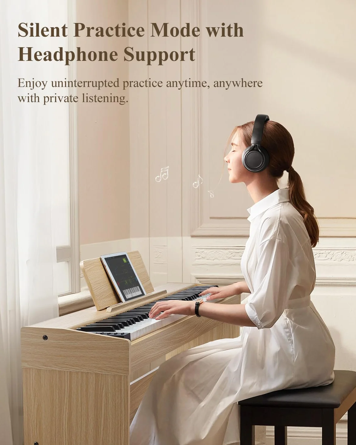 Eastar EUP-110 Piano Digital 88 Teclas Contrapesadas, Piano Eléctrico para Principiantes, con Auriculares, Pegatinas Musicales, Pantalla, 3 Pedales, Conexión Inalámbrica, Grabación - Madera Clara