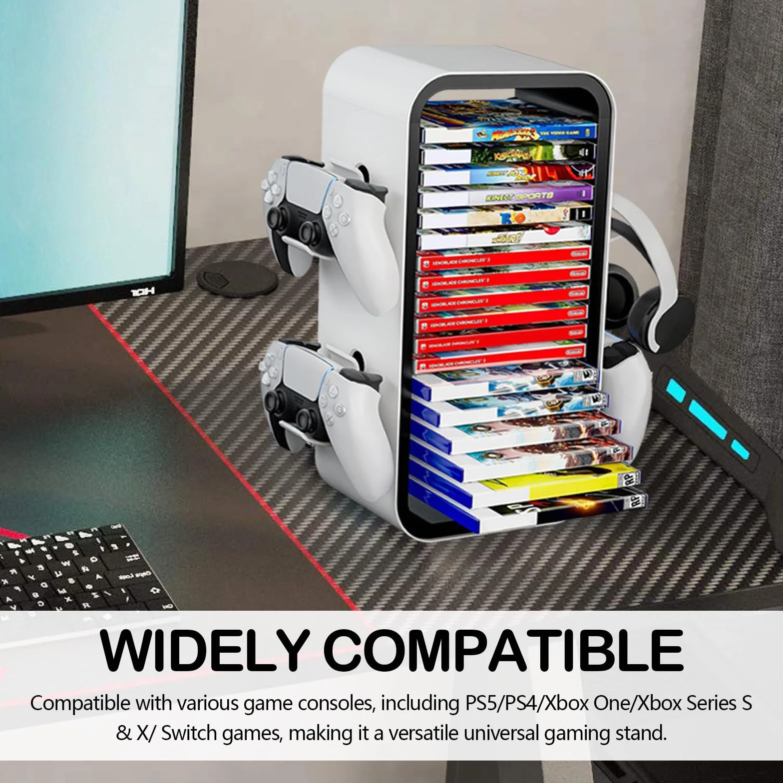 Soporte para Discos de Juego, Torre de Almacenamiento de Juegos Compatible con P5 Xbox Series S Y X Soporte de Torre de Almacenamiento de Juegos para 18 Discos Juego con 4 Soportes para Controladores