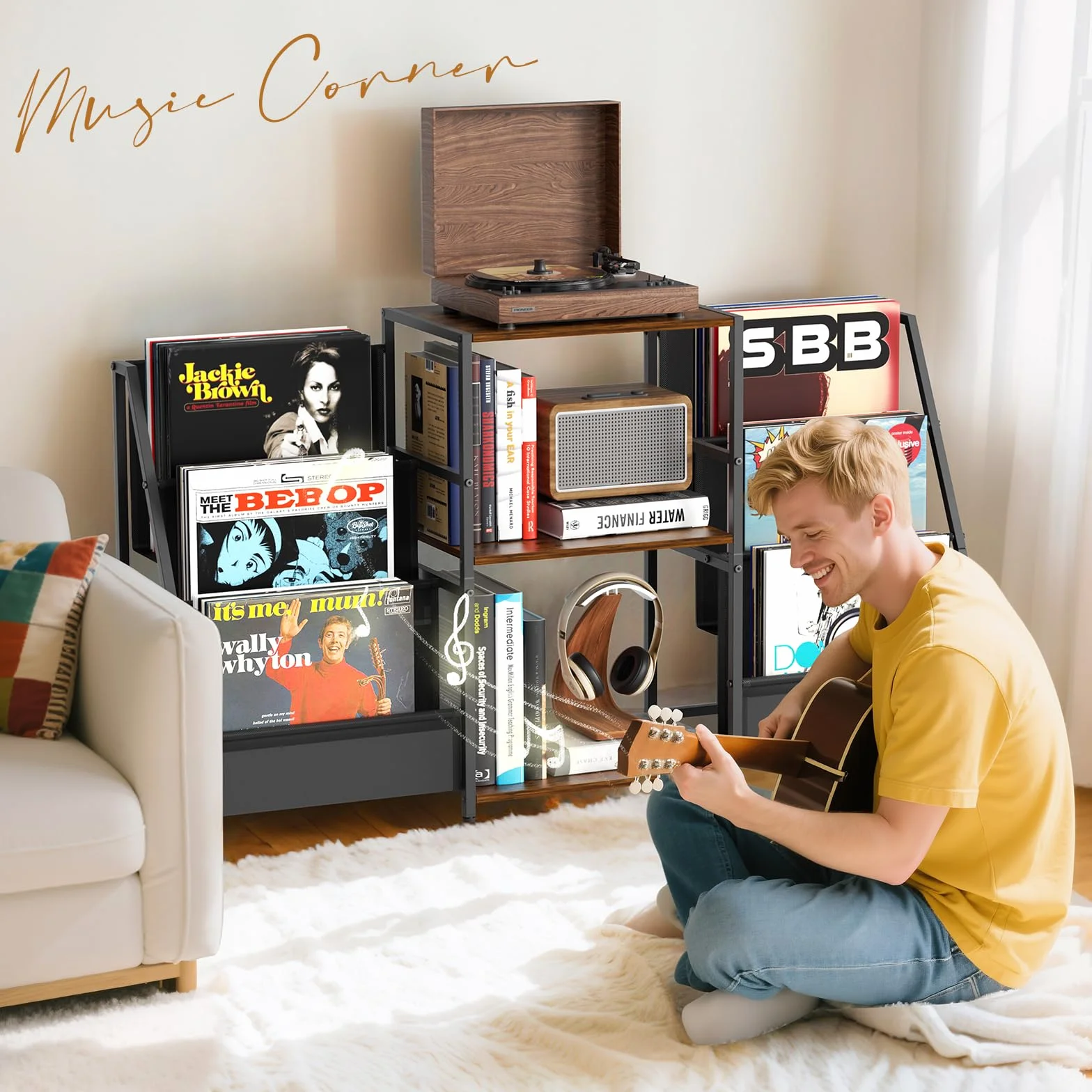 Soporte tocadiscos, mesa auxiliar de 3 niveles, almacenamiento de discos de vinilo de hasta 200 álbumes, 123 x 30 x 73 cm, soporte de mesa giratoria para la visualización y almacenamiento en