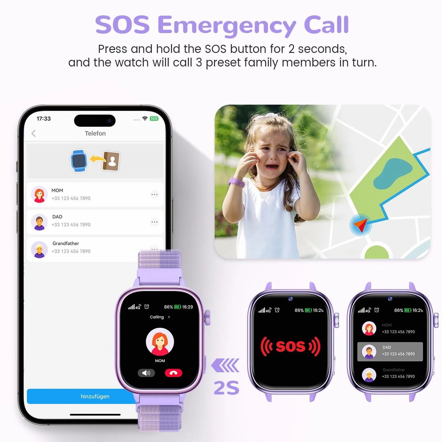 4G Reloj Inteligente Niños con GPS y Videollamada, Smartwatch Niños con Llamadas, Chat de Voz, SOS, Modo Escuela, IP68 Impermeable, Podómetro, Despertador, Cámara, Regalo Niñas y Niños de 4-15 Púrpura