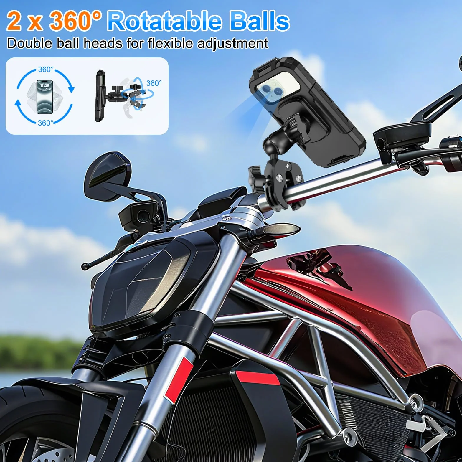 Soporte Móvil Moto Impermeable Porta Teléfono Bicicleta 720º Giratorio Brazo Extensible Metálico 5,5-7,0" Smartphones Negro
