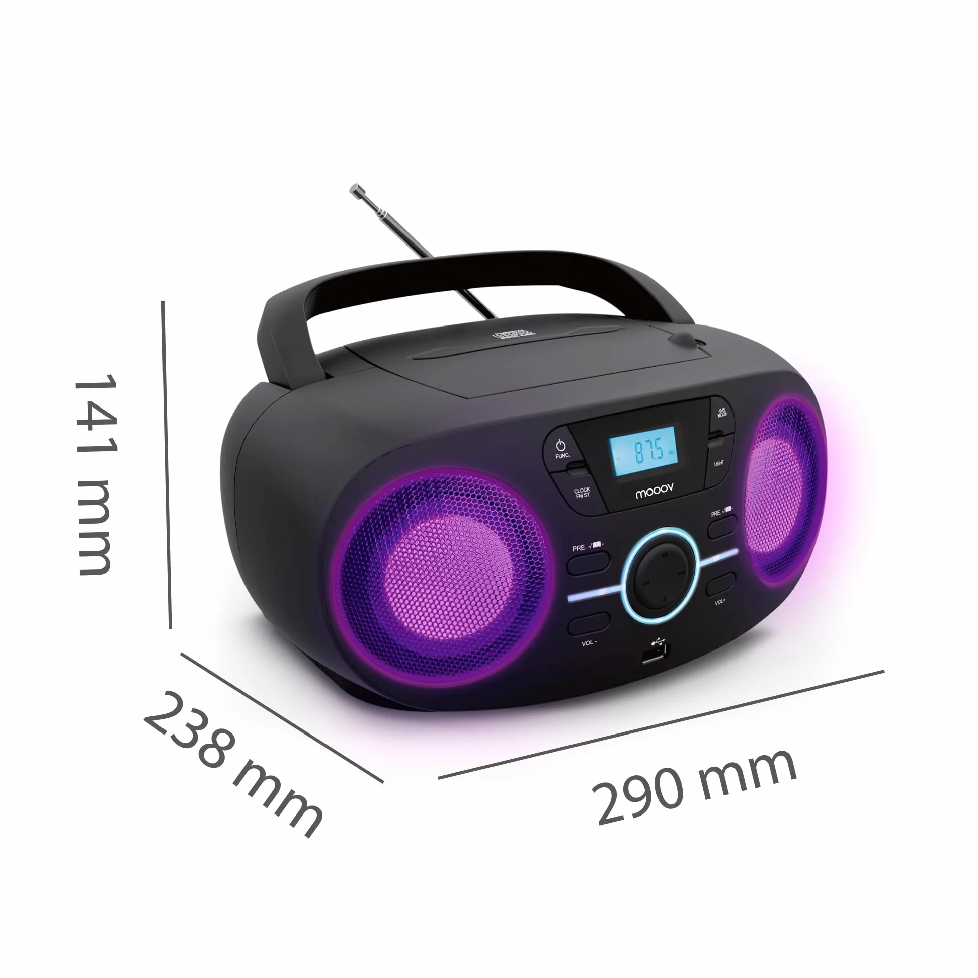 Mooov Reproductor de CD portátil Lector CD Audio CD-R/CD-RW/CD-MP3 Radio FM Puerto USB Negro