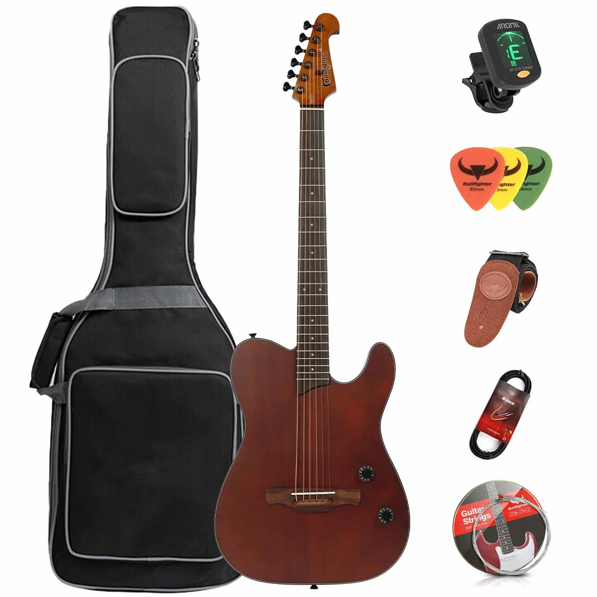 Guitarra acústica silenciosa con pastillas integradas portátil, eléctrica y acústica guitarra clásica para músico viajero y principiante incluye: funda, correa, cuerdas de acero, cable y púas (Marrón)
